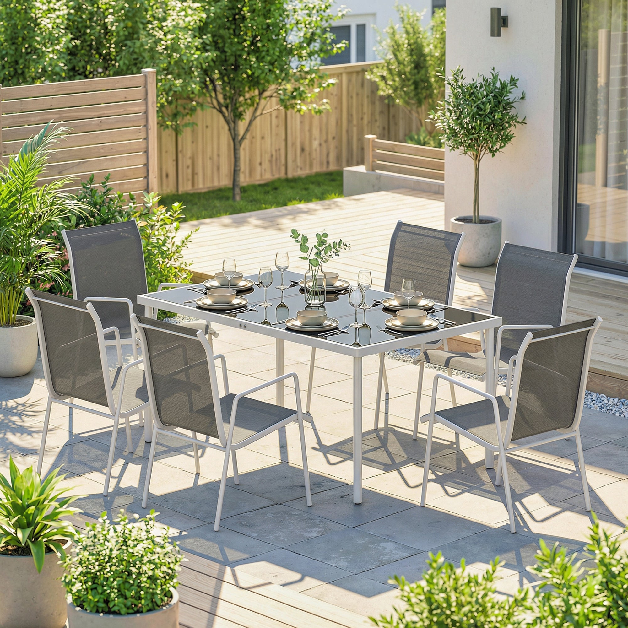 Outsunny Conjunto de Mesa y Sillas Jardín de 7 Piezas, Muebles Jardín Exterior con Mesa de Vidrio Templado, 6 Sillas Apilables Transpirables, Marco de Metal Resistente a la Intemperie, Blanco y Gris