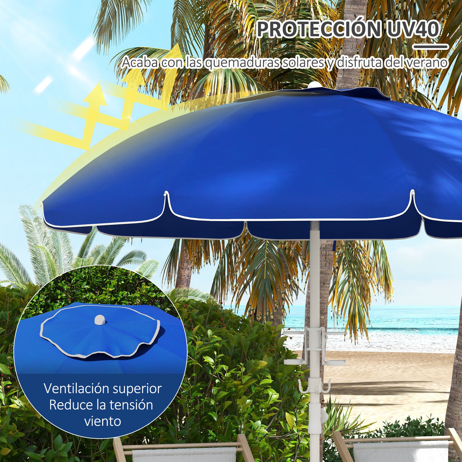 Outsunny Sombrilla de Playa Ø175x205 cm Parasol para Terraza con 2 Portavasos Ganchos Apertura Manual Anti-UV Altura y Ángulo Ajustable para Jardín Piscina Azul