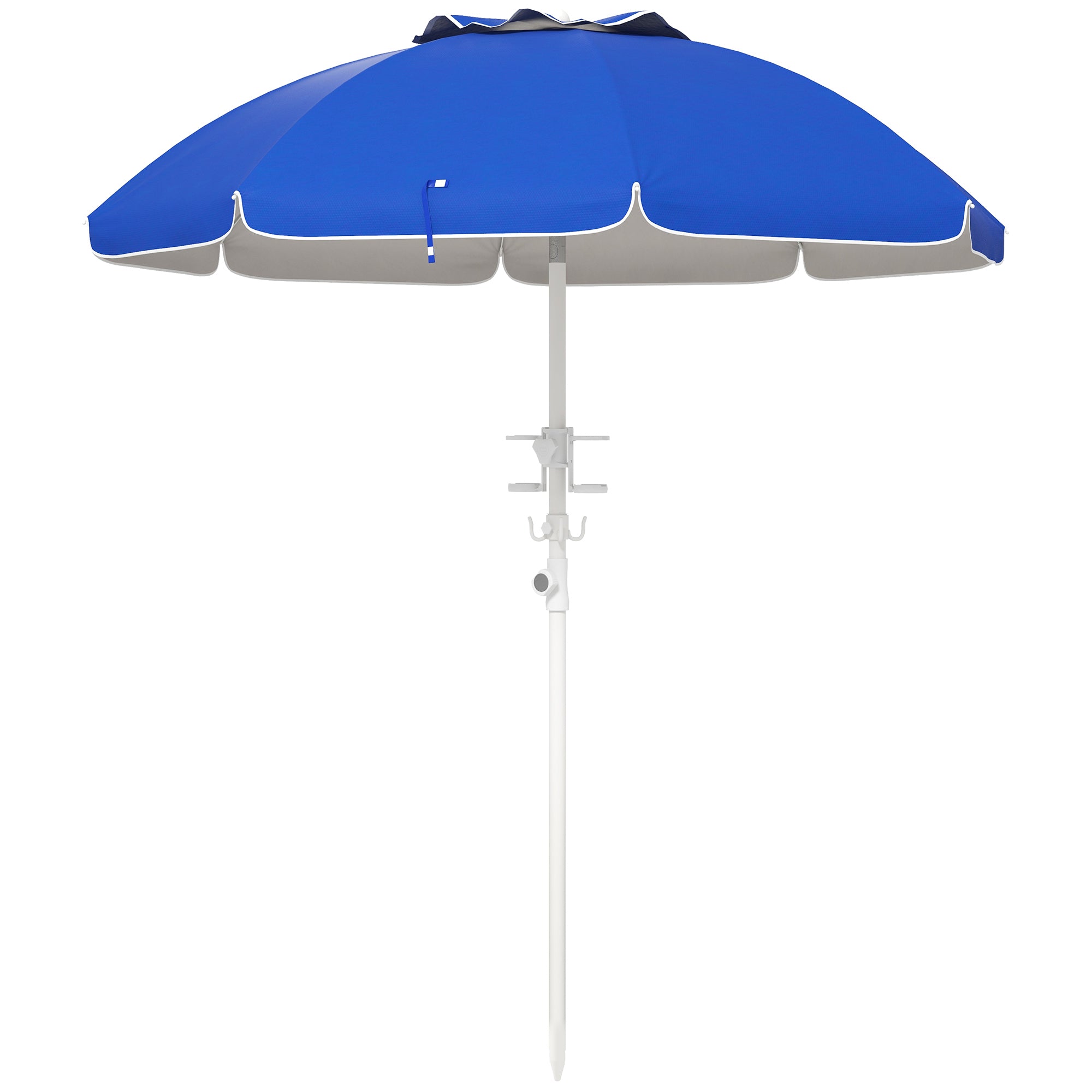 Outsunny Sombrilla de Playa Ø175x205 cm Parasol para Terraza con 2 Portavasos Ganchos Apertura Manual Anti-UV Altura y Ángulo Ajustable para Jardín Piscina Azul