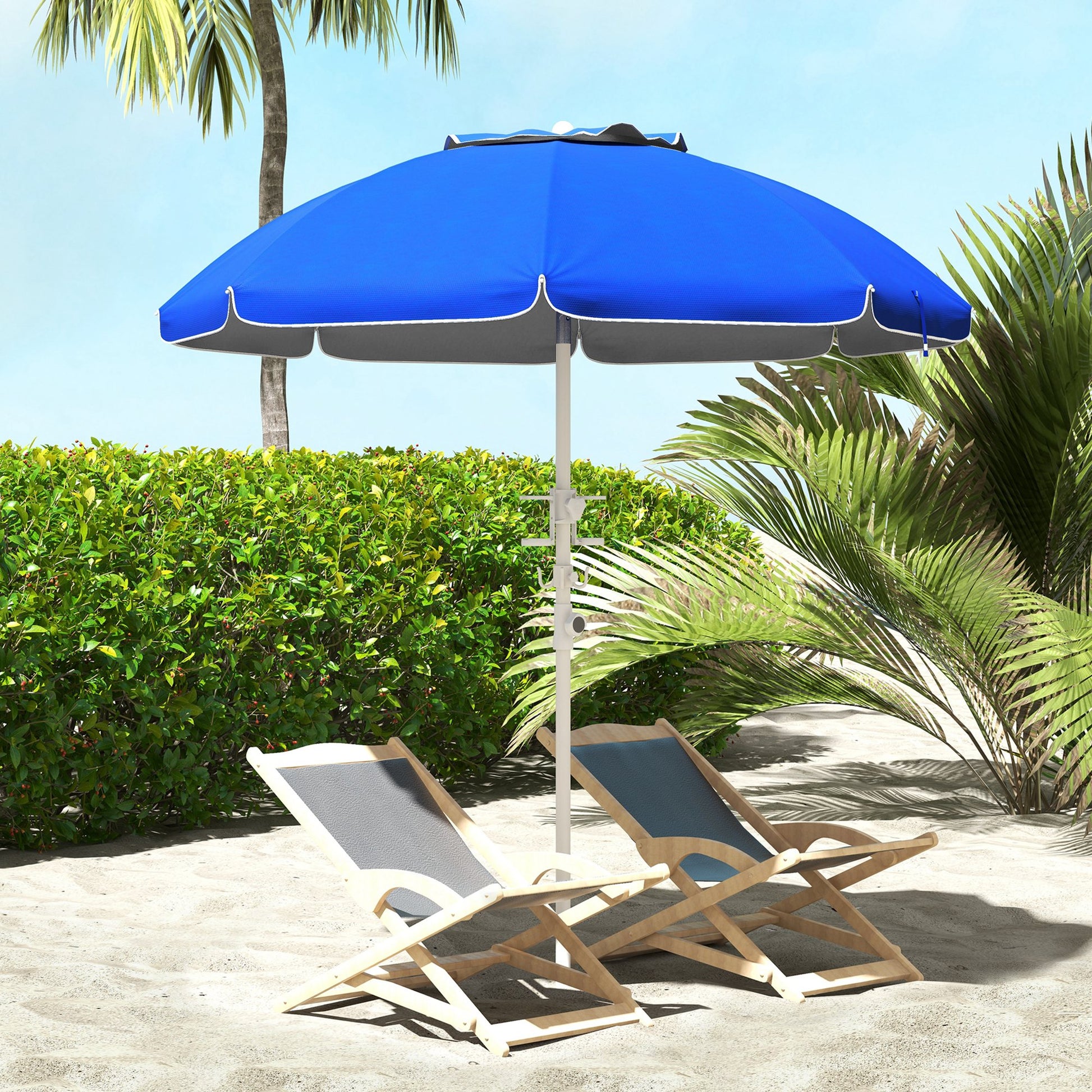 Outsunny Sombrilla de Playa Ø175x205 cm Parasol para Terraza con 2 Portavasos Ganchos Apertura Manual Anti-UV Altura y Ángulo Ajustable para Jardín Piscina Azul