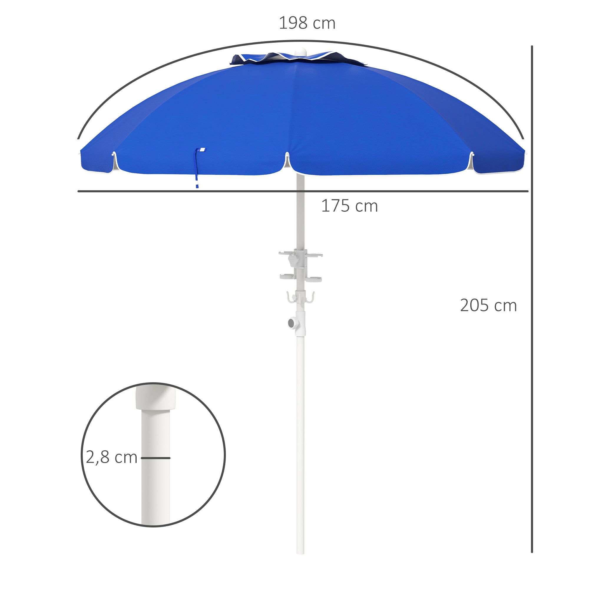 Outsunny Sombrilla de Playa Ø175x205 cm Parasol para Terraza con 2 Portavasos Ganchos Apertura Manual Anti-UV Altura y Ángulo Ajustable para Jardín Piscina Azul