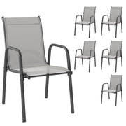 Outsunny Juego de 6 Sillas de Jardín Exterior Apilables, Sillas Terraza Exterior con Reposabrazos, Asiento y Respaldo de Malla Transpirable, Estructura Metálica Resistente, 51x69x87 cm, Gris Claro