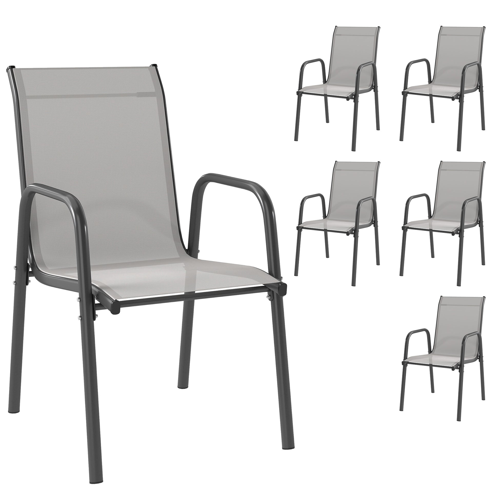 Outsunny Juego de 6 Sillas de Jardín Exterior Apilables, Sillas Terraza Exterior con Reposabrazos, Asiento y Respaldo de Malla Transpirable, Estructura Metálica Resistente, 51x69x87 cm, Gris Claro