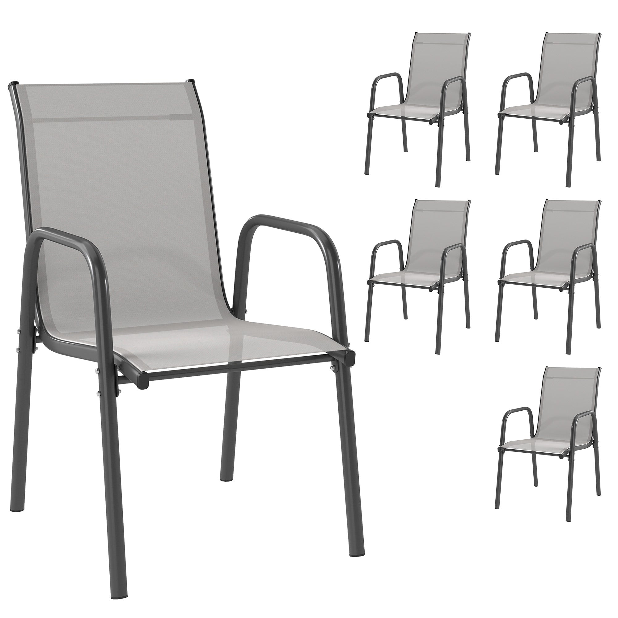 Outsunny Juego de 6 Sillas de Jardín Exterior Apilables, Sillas Terraza Exterior con Reposabrazos, Asiento y Respaldo de Malla Transpirable, Estructura Metálica Resistente, 51x69x87 cm, Gris Claro