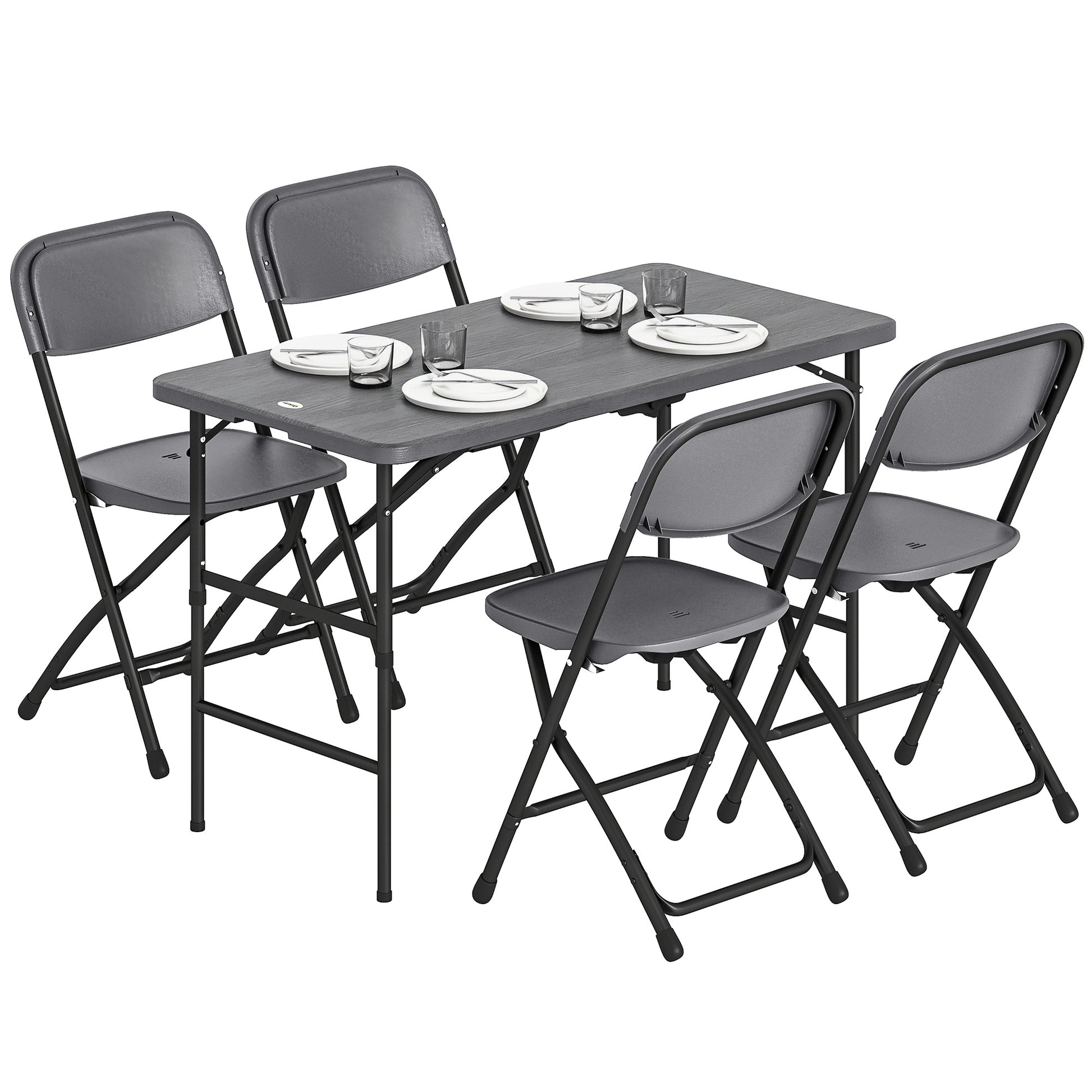 Outsunny Conjunto de Mesa y Sillas Jardín de 5 Piezas, Muebles de Jardín Exterior con Mesa Plegable Ajustable de 55 a 74 cm, 4 Sillas Plegables y Encimera de HDPE, para Terraza Patio, Gris Oscuro