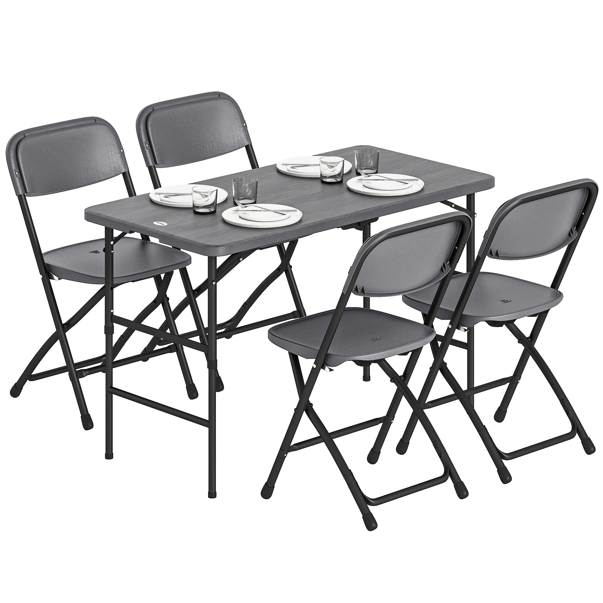 Outsunny Conjunto de Mesa y Sillas Jardín de 5 Piezas, Muebles de Jardín Exterior con Mesa Plegable Ajustable de 55 a 74 cm, 4 Sillas Plegables y Encimera de HDPE, para Terraza Patio, Gris Oscuro