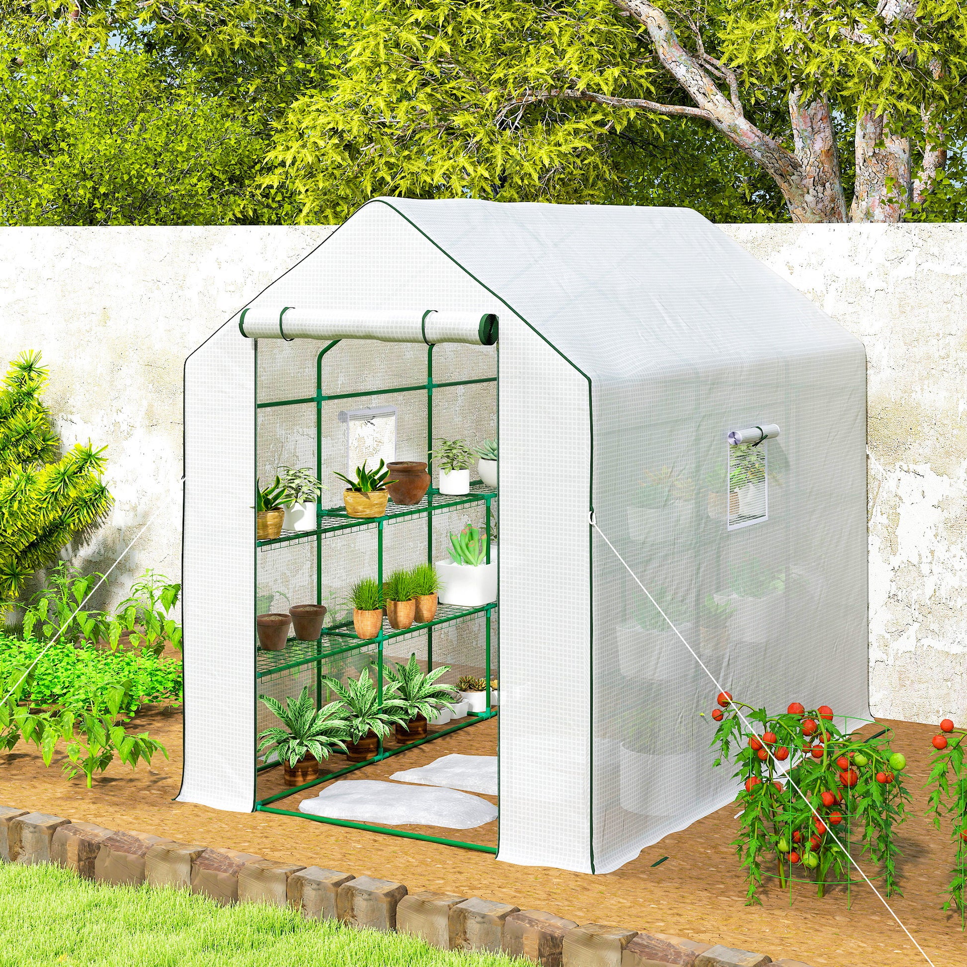 Outsunny Invernadero de Jardín de 3 Niveles, Invernadero de Exterior con 12 Estantes, Puerta Enrollable, Ventanas, Anti-UV, Cubierta de PE 135g/m² para Cultivos, Plantas, Flores, 140x213x190 cm Blanco