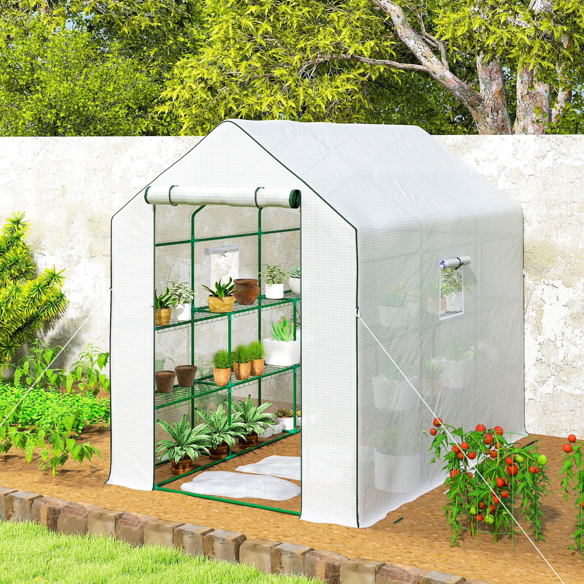 Outsunny Invernadero de Jardín de 3 Niveles, Invernadero de Exterior con 12 Estantes, Puerta Enrollable, Ventanas, Anti-UV, Cubierta de PE 135g/m² para Cultivos, Plantas, Flores, 140x213x190 cm Blanco