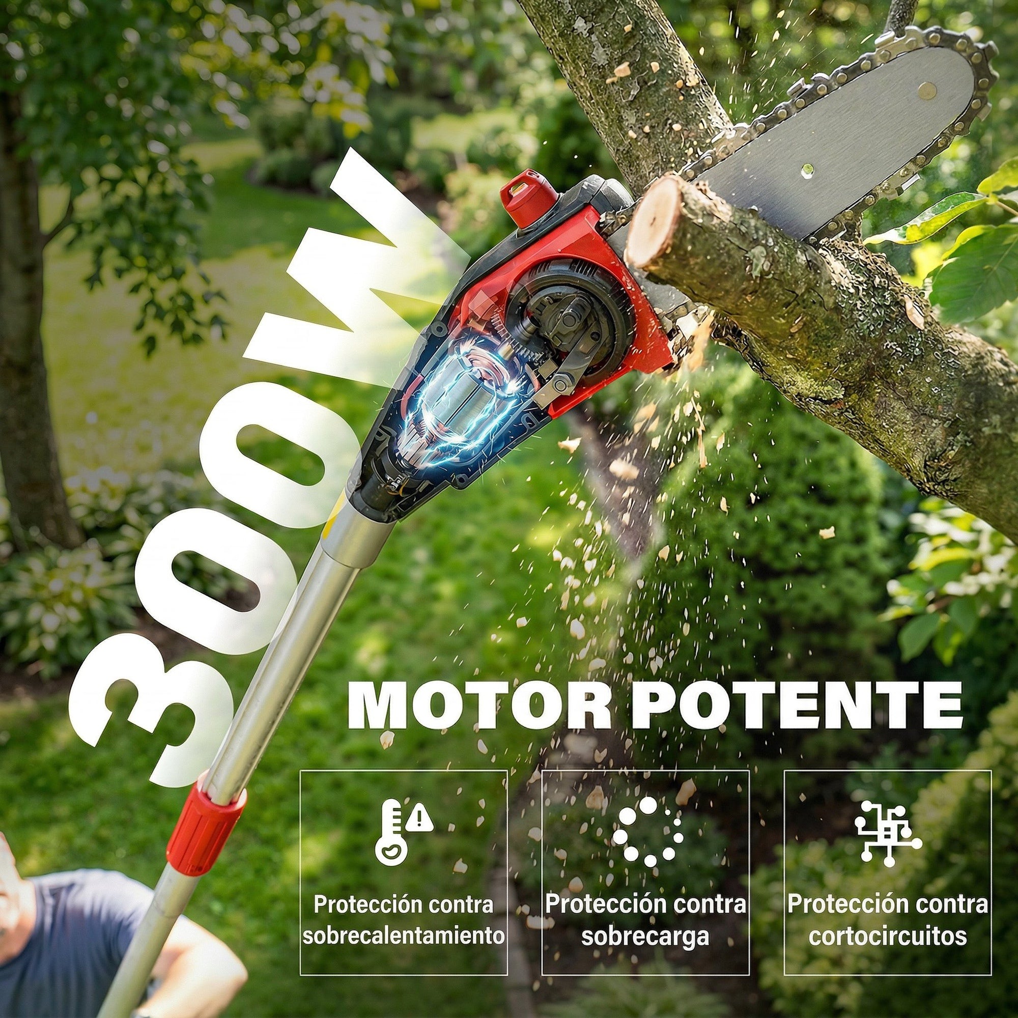 Outsunny Motosierra de Batería Extensible 1,94-2,56 m, Motosierra Eléctrica con Motor 300 W, 2 Baterías 4,0 Ah, Cargador, Doble Bloqueo, Lubricación Automática, Correa, 6 m/s, para Podar Árboles