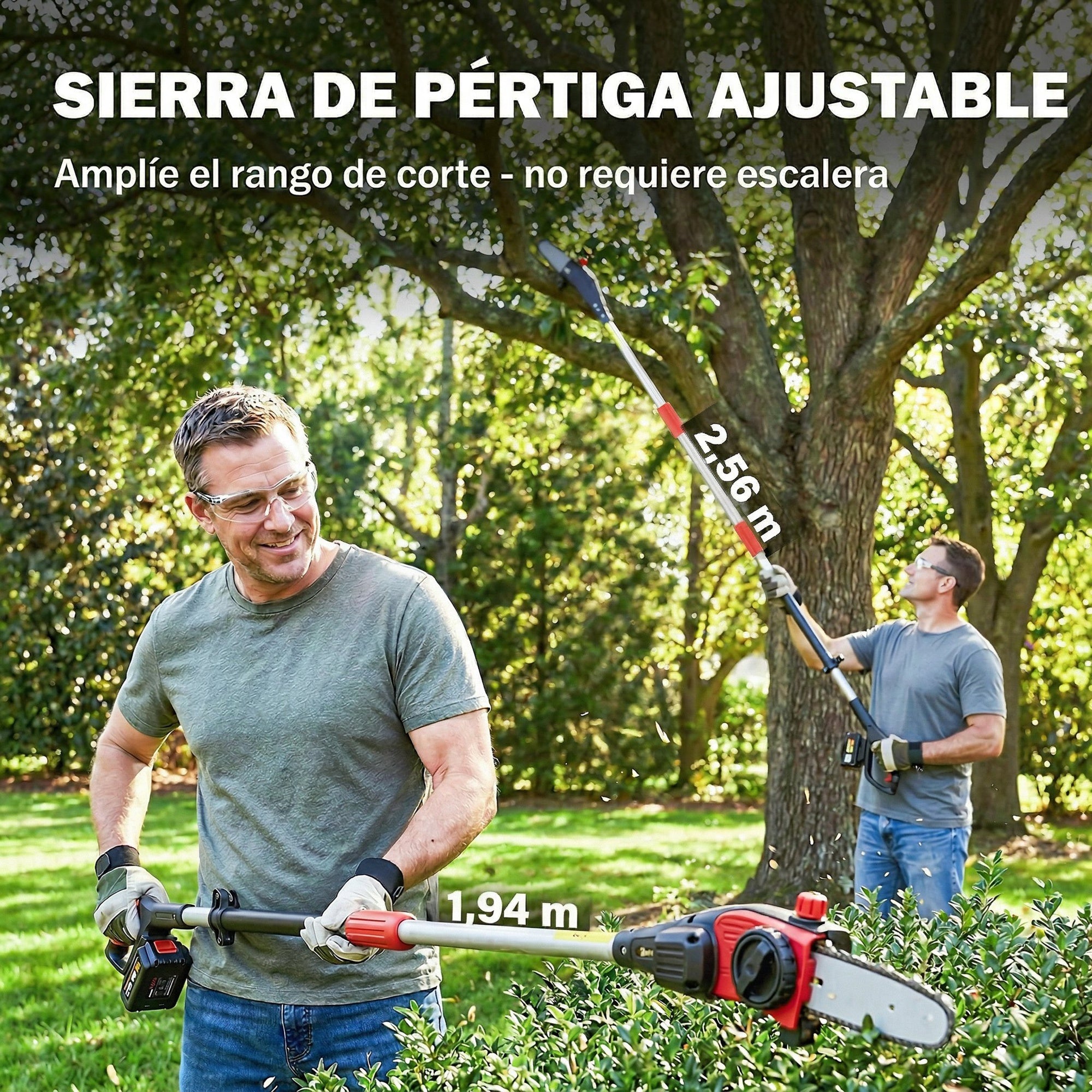 Outsunny Motosierra de Batería Extensible 1,94-2,56 m, Motosierra Eléctrica con Motor 300 W, 2 Baterías 4,0 Ah, Cargador, Doble Bloqueo, Lubricación Automática, Correa, 6 m/s, para Podar Árboles