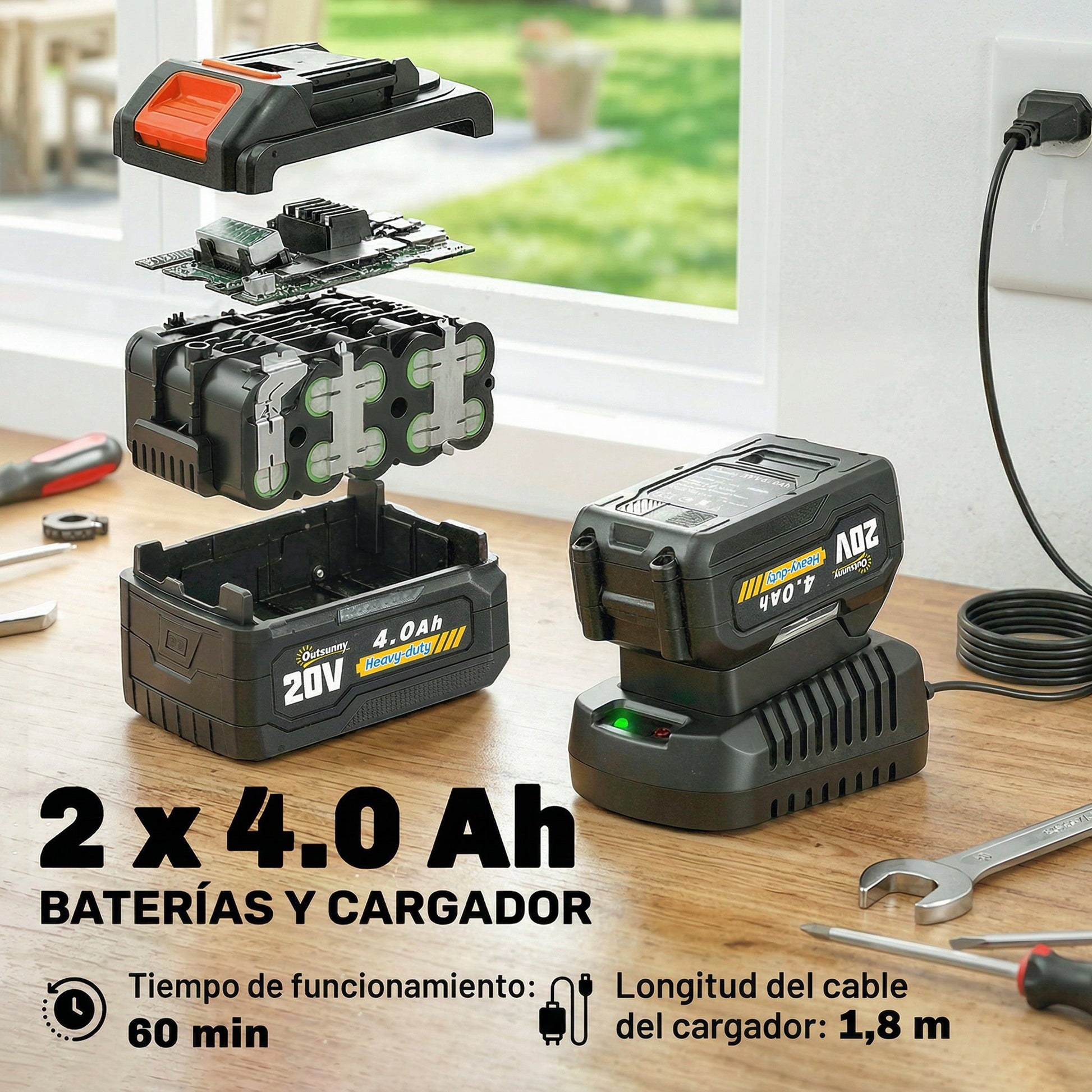 Outsunny Motosierra de Batería Extensible 1,94-2,56 m, Motosierra Eléctrica con Motor 300 W, 2 Baterías 4,0 Ah, Cargador, Doble Bloqueo, Lubricación Automática, Correa, 6 m/s, para Podar Árboles