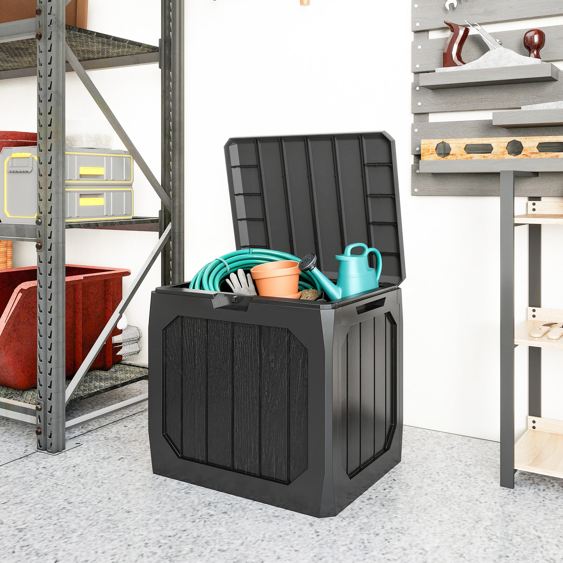 Outsunny Arcón Exterior Capacidad 121L, Baúl Almacenaje Exterior de Plástico con 2 Asas y Tapa Bloqueable, Impermeable, Resistente a la Intemperie, para Jardín, Terraza, Patio, 56x45x53 cm, Negro