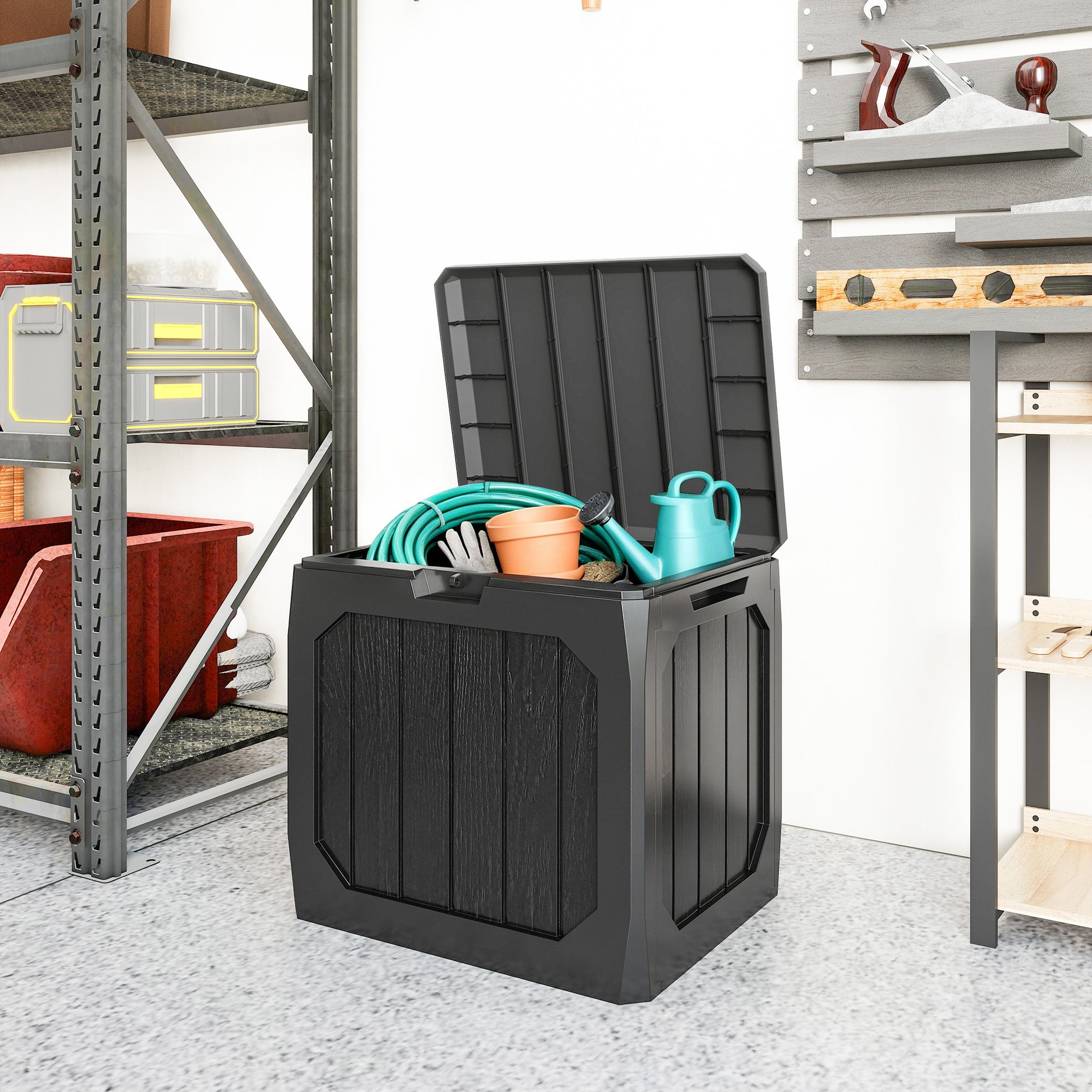 Outsunny Arcón Exterior Capacidad 121L, Baúl Almacenaje Exterior de Plástico con 2 Asas y Tapa Bloqueable, Impermeable, Resistente a la Intemperie, para Jardín, Terraza, Patio, 56x45x53 cm, Negro