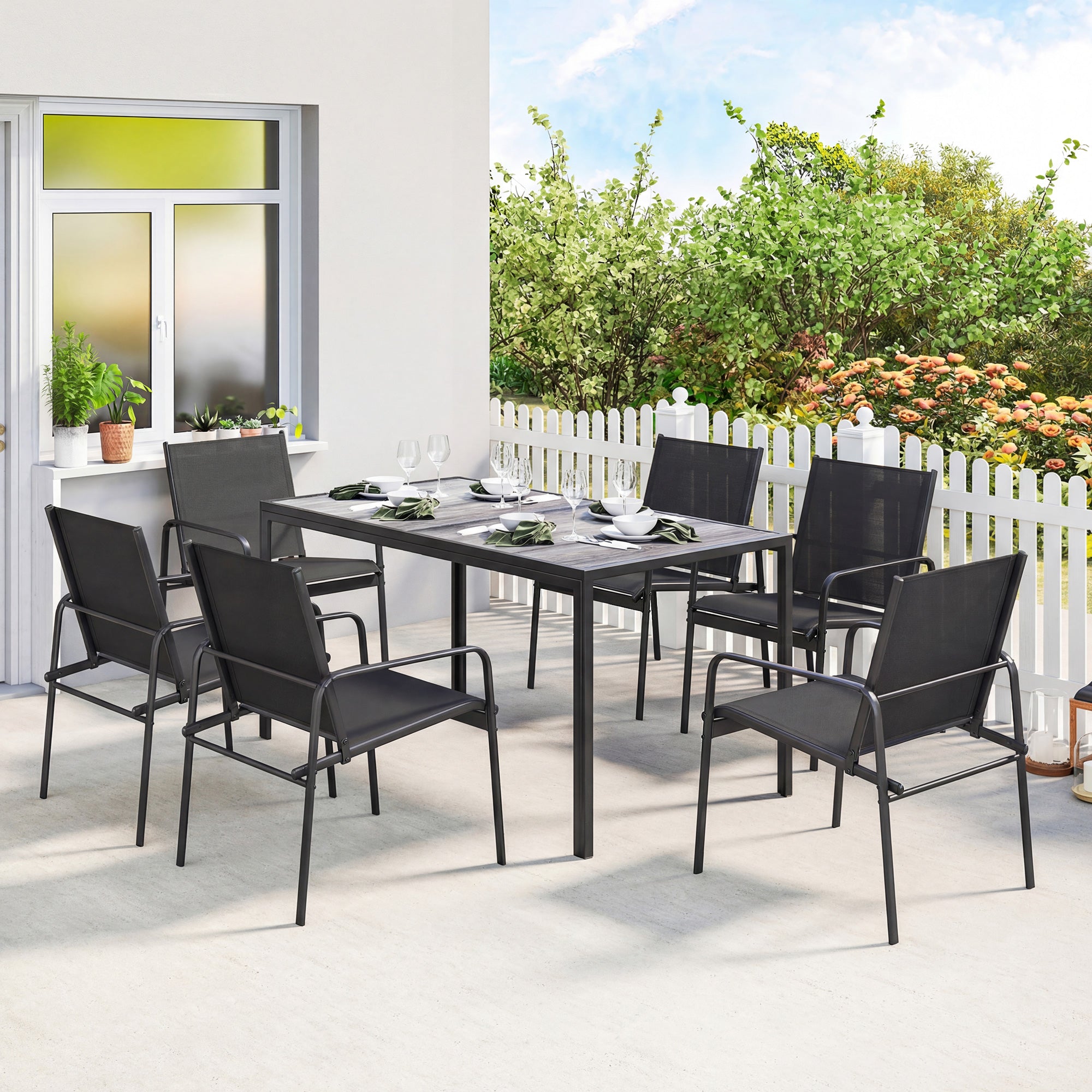 Outsunny Conjunto de Mesa y Sillas Jardín de 7 Piezas, Muebles de Jardín Exterior con Mesa de Efecto Madera y 6 Sillas con Asiento Transpirable, Marco de Acero Galvanizado, para Terraza, Patio, Negro