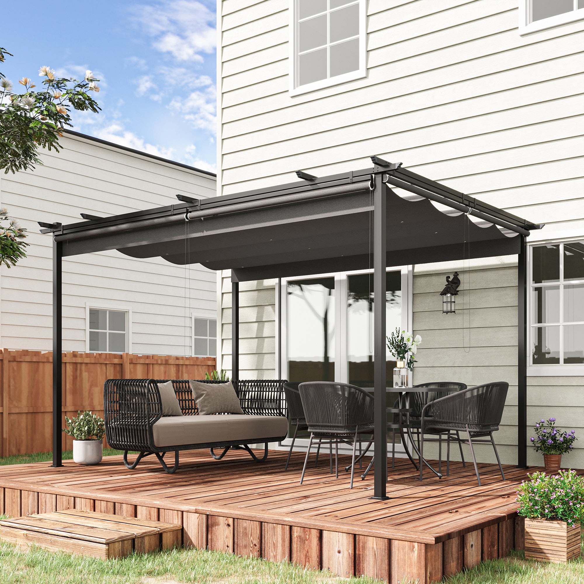 Outsunny Pérgola de Jardín 4x3 m Cenador para Exterior con Techo Retráctil 4 Cortinas Enrollables de Poliéster y Marco de Metal para Patio Terraza Gris Oscuro