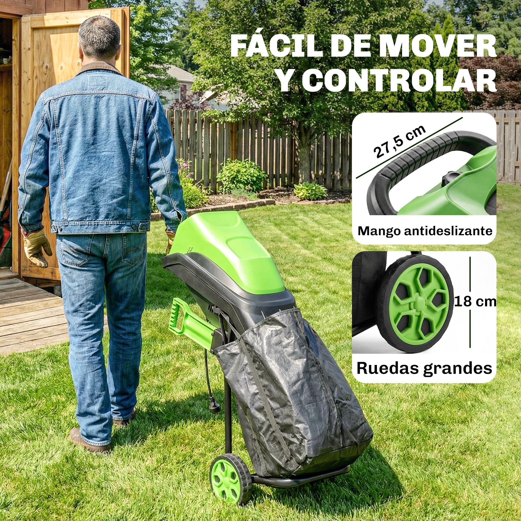 Outsunny Trituradora de Ramas Eléctrica 2500W, Trituradora de Jardín con 2 Cuchillas Reversibles hasta Ø44 mm de Ramas, Bolsa de Recolección de 45L, Ruedas y Protección de Sobrecarga, Verde