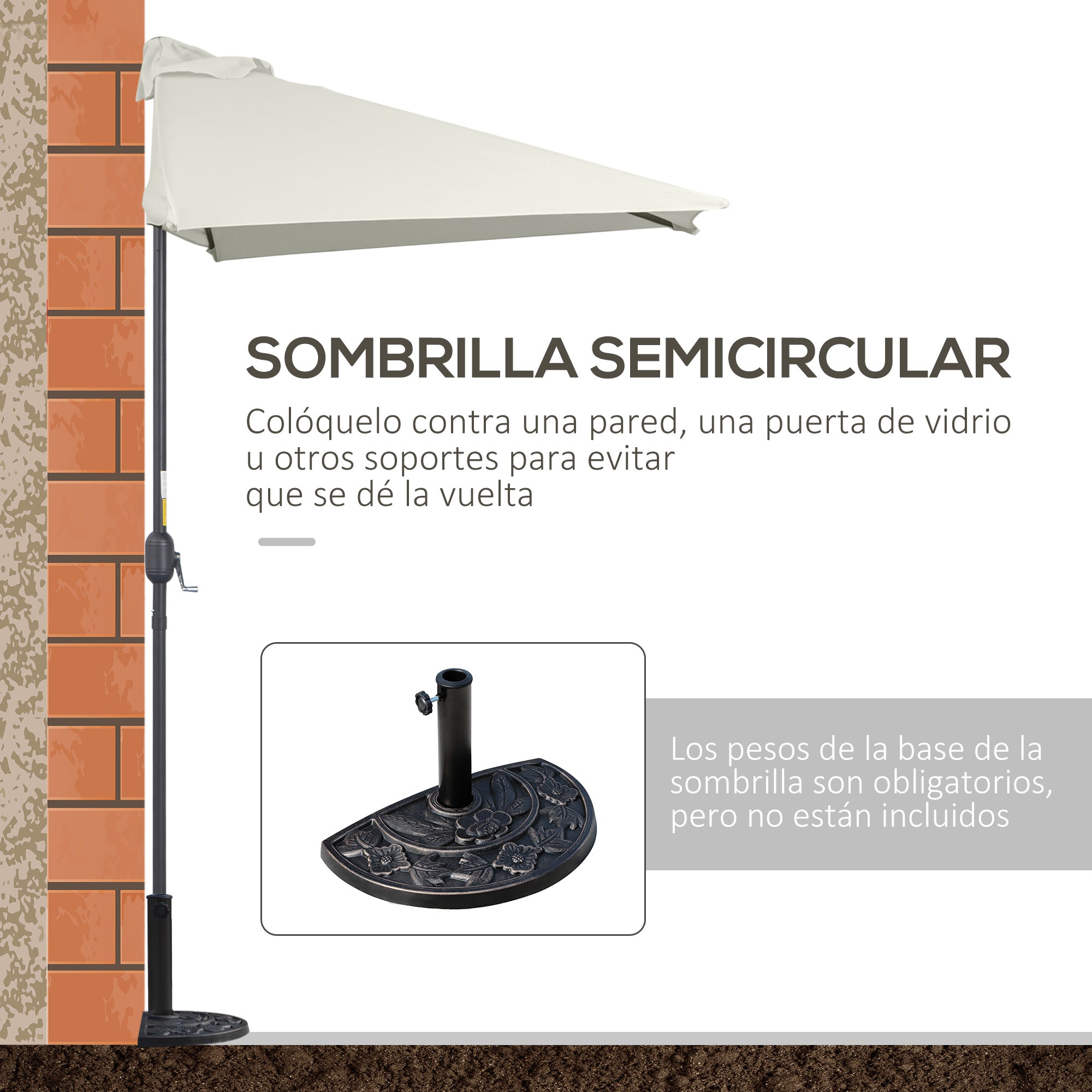 Outsunny Sombrilla Rectangular 230x130x245 cm Parasol para Pared Media Sombrilla con Manivela Protección UV 30+ Impermeable Sombrilla para Balcón Terraza Jardín Crema