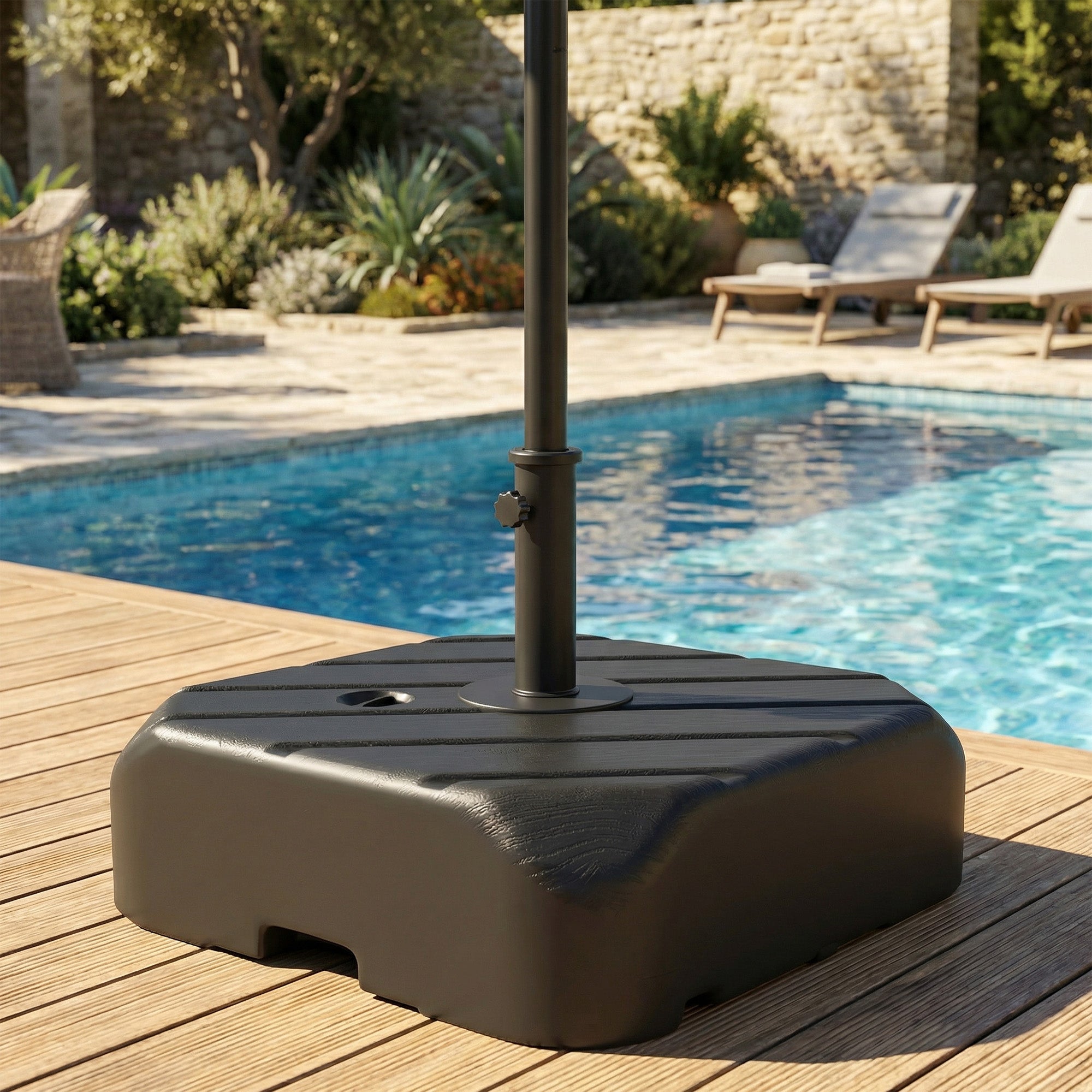 Outsunny Base para Sombrilla con Ruedas, Soporte de Parasol de HDPE, Pie para Sombrilla con Postes Ø38 mm, Ø48 mm, Rellenable de Arena 72 kg o Agua 45 Litros, con Asa Telescópica, para Jardín, Patio, Terraza, Negro