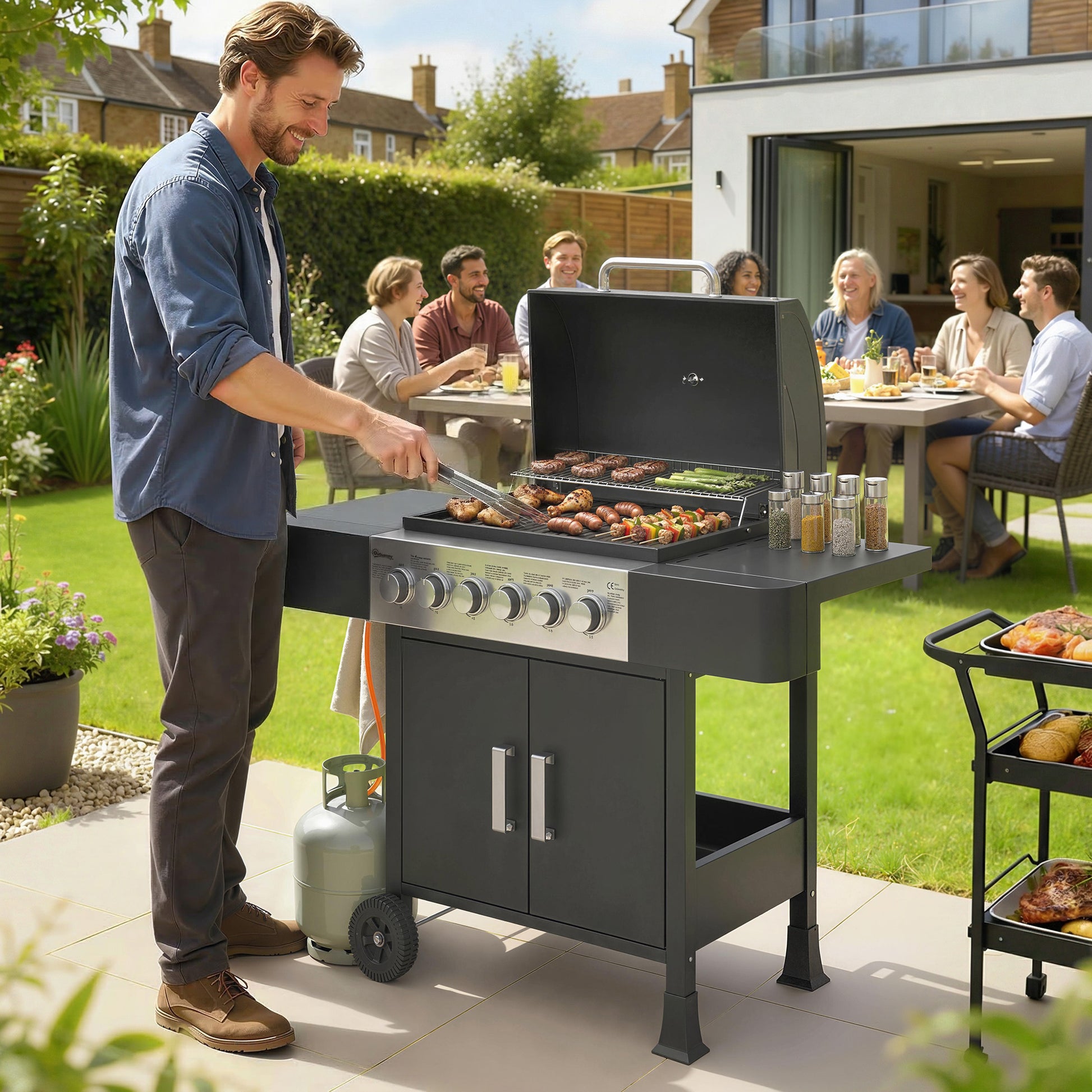 Outsunny Barbacoa de Gas BBQ Gas con 6 Quemadores 15 kW Barbacoa Portátil con Termómetro Tapa 2 Mesas Laterales Armario Rejilla Calentadora Parrilla Recogedor Grasa Asa 2 Ruedas Negro