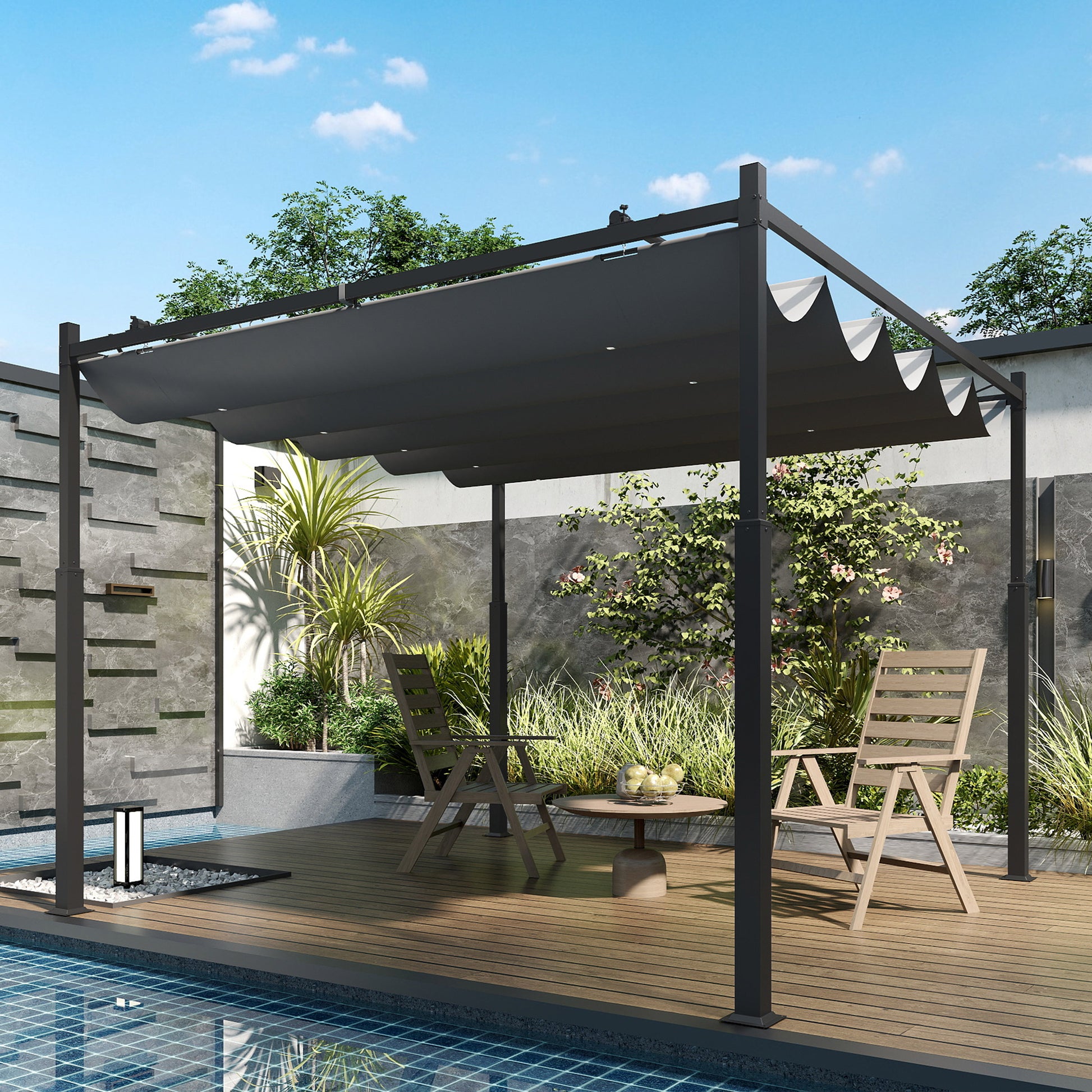 Outsunny Pérgola de Jardín 3x3 m con Techo Retráctil y Accesorio Magnético, Cenador de Jardín con Protección UV30+, Columnas Metálicas y Ganchos, Pabellón para Patio, Terraza, Exterior, Gris