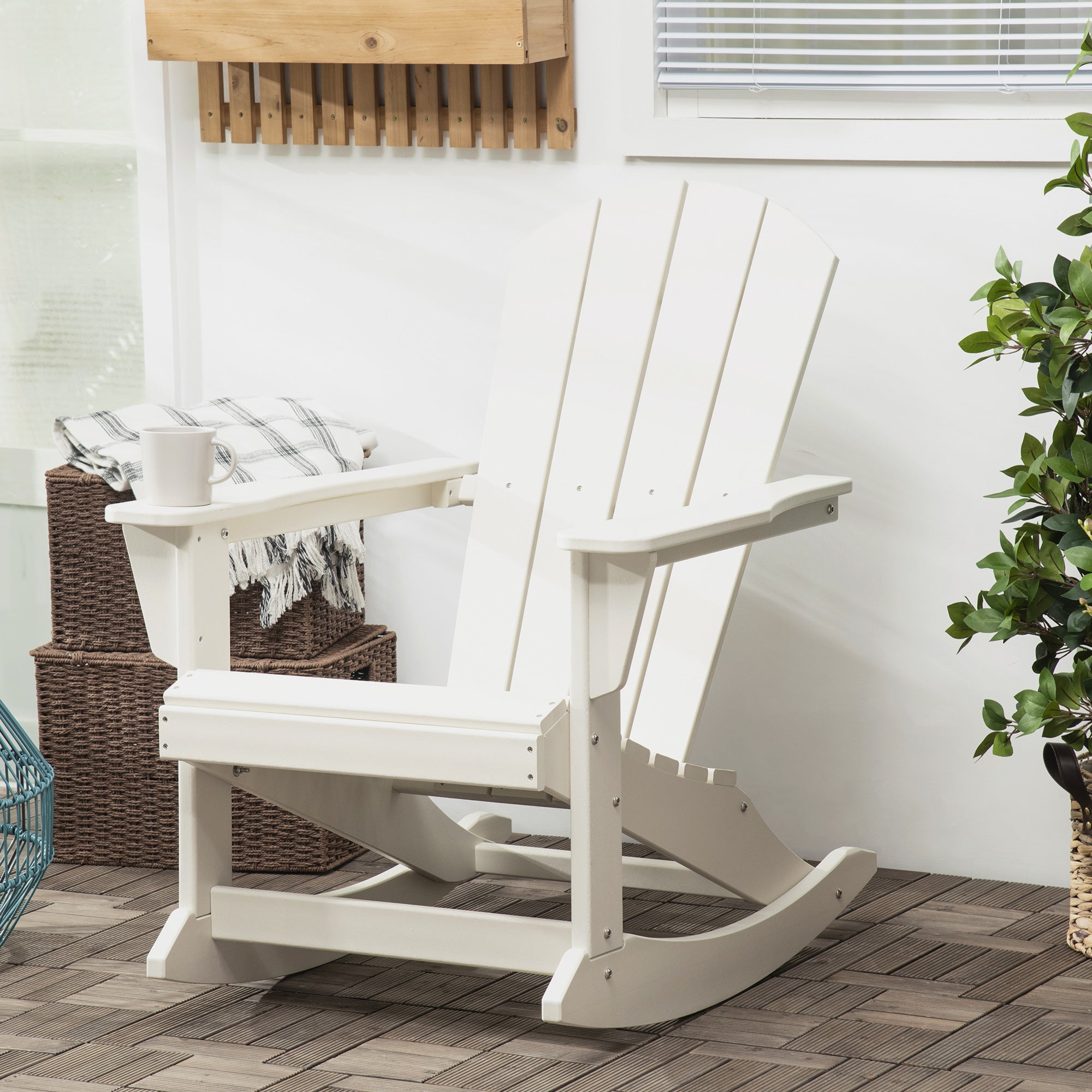 Outsunny Silla Mecedora de Jardín Mecedora para Exterior de Estilo Adirondack de HDPE para Balcón Terraza Patio Carga 120 kg 73,5x93x91,5 cm Blanco