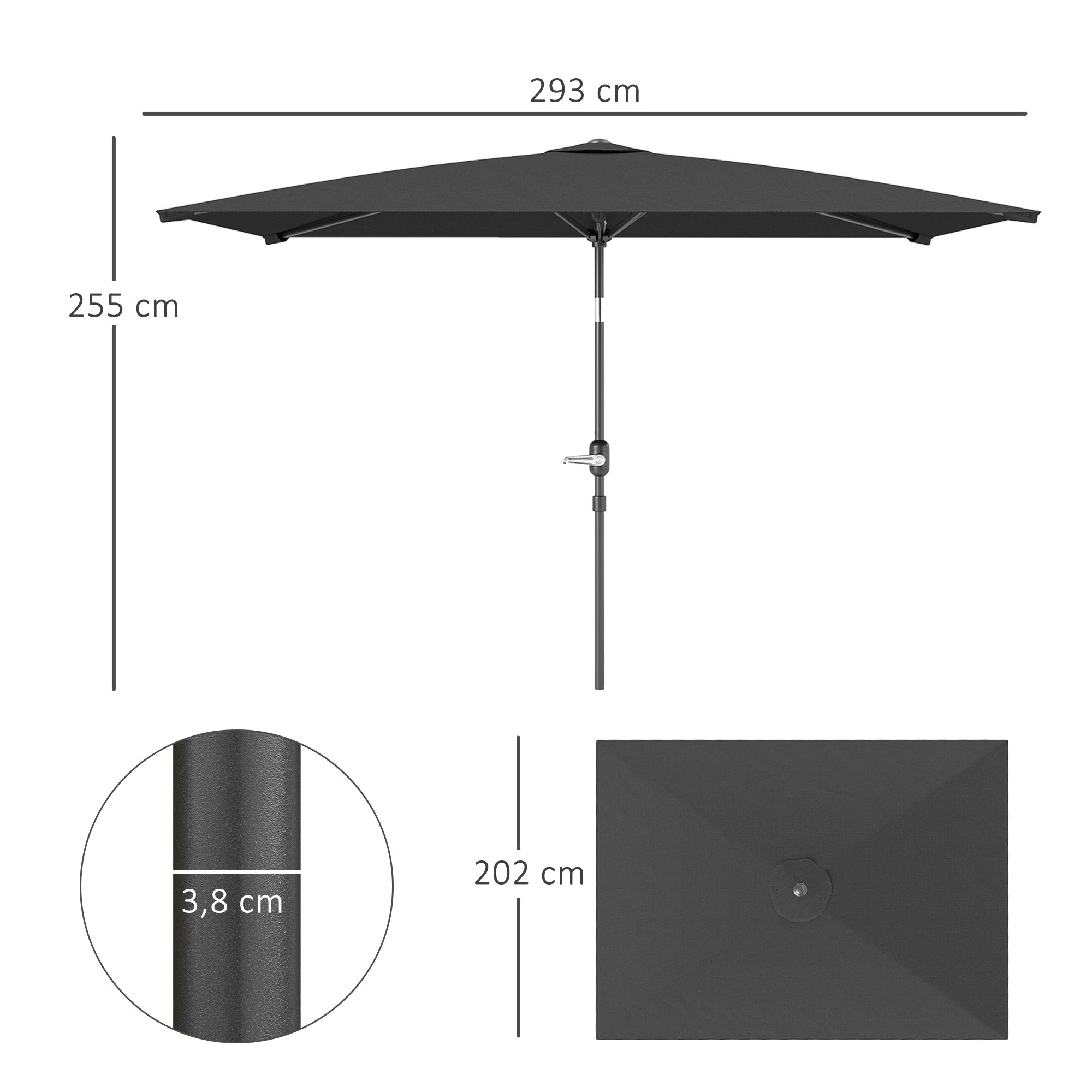 Outsunny Sombrilla de Terraza Exterior, 198x294 cm, Parasol de Terraza Exterior con Ángulo Ajustable, Manivela, Mástil de Aluminio Desmontable y Anti-UV, Sombrilla para Jardín, Patio, Gris Oscuro