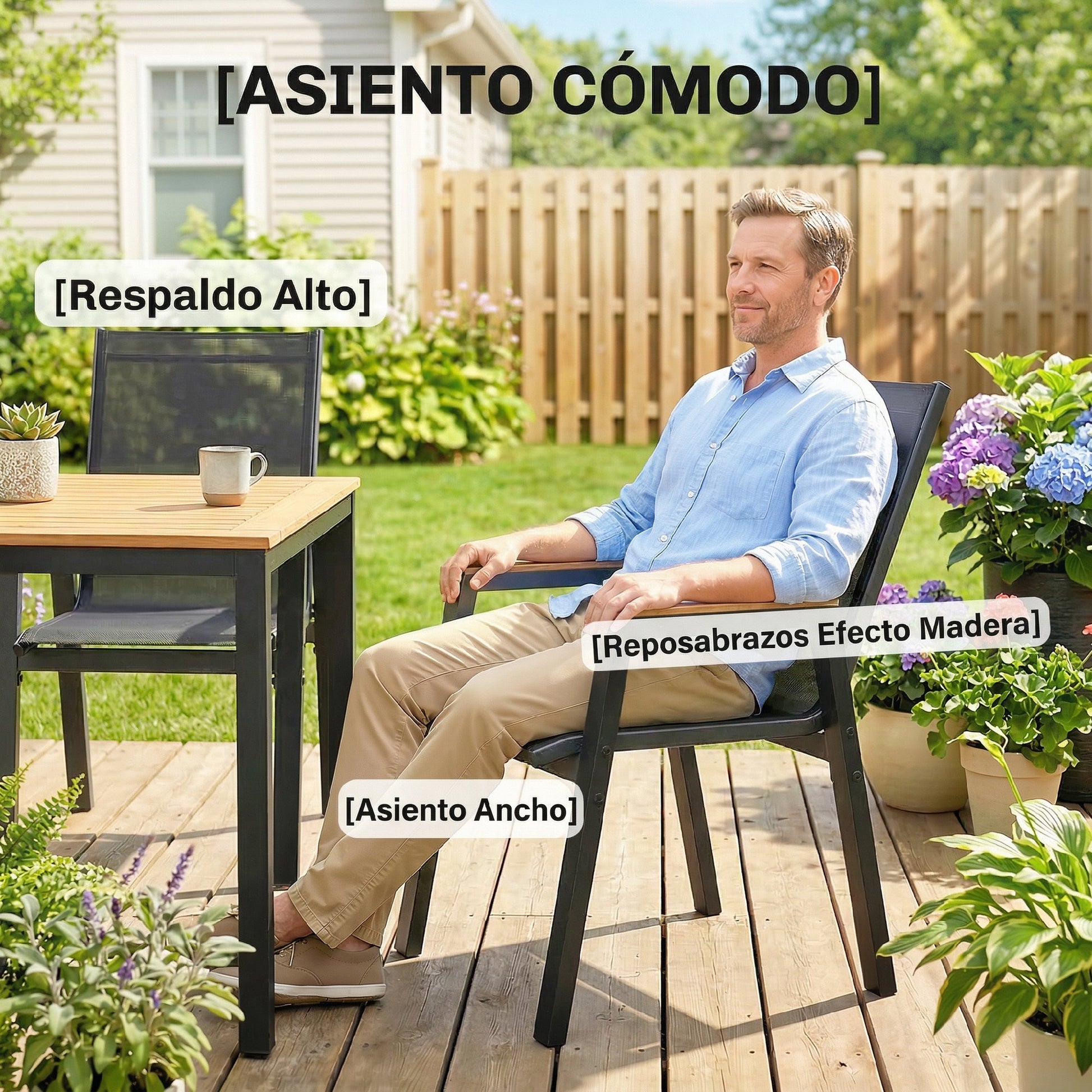 Outsunny Conjunto de Mesa y Sillas Jardín de 7 Piezas, Muebles Jardín Exterior con Mesa con Tablero de Listones Efecto Madera, 6 Sillas Transpirables, Marco de Metal Resistente a la Intemperie, Negro