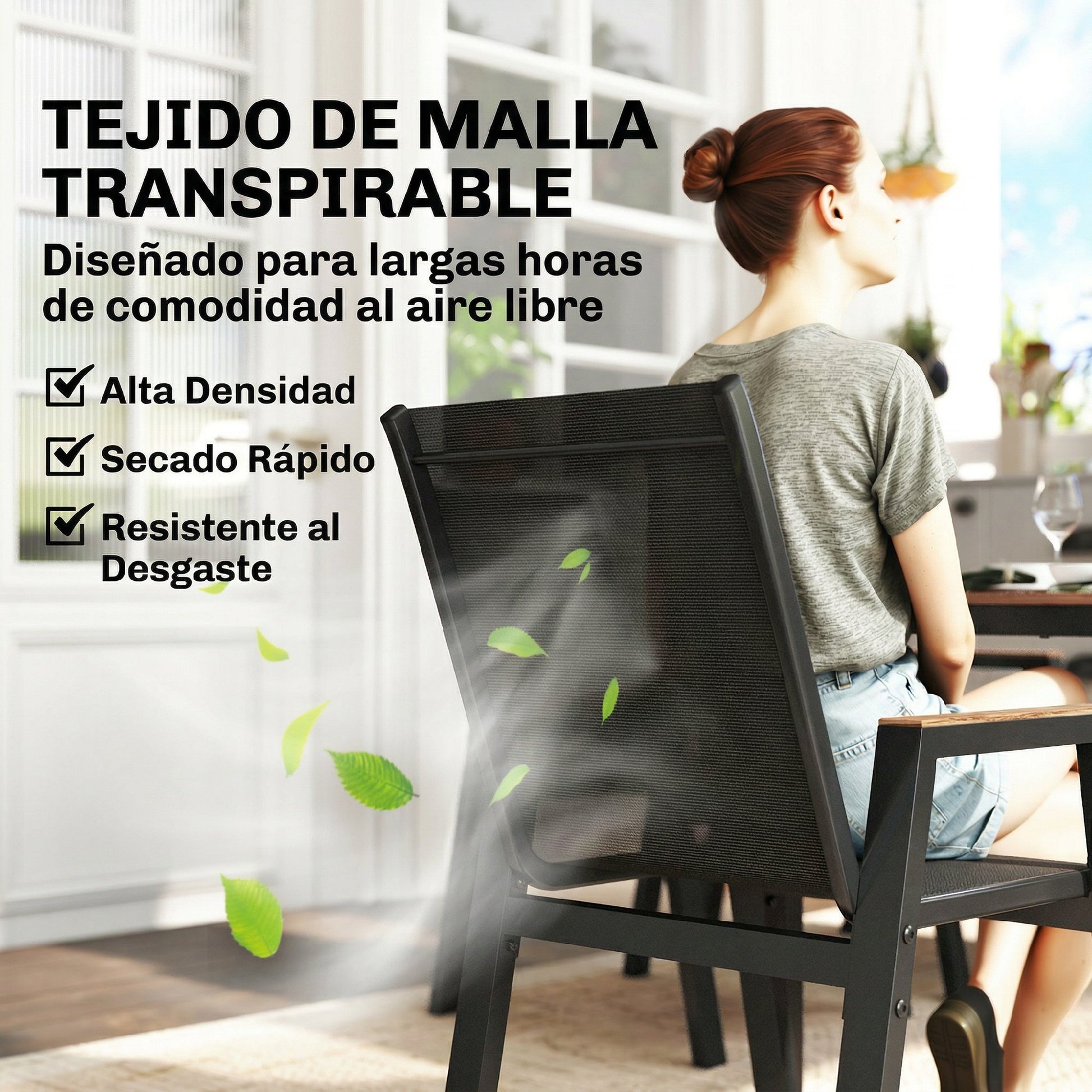 Outsunny Conjunto de Mesa y Sillas Jardín de 7 Piezas, Muebles Jardín Exterior con Mesa con Tablero de Listones Efecto Madera, 6 Sillas Transpirables, Marco de Metal Resistente a la Intemperie, Negro
