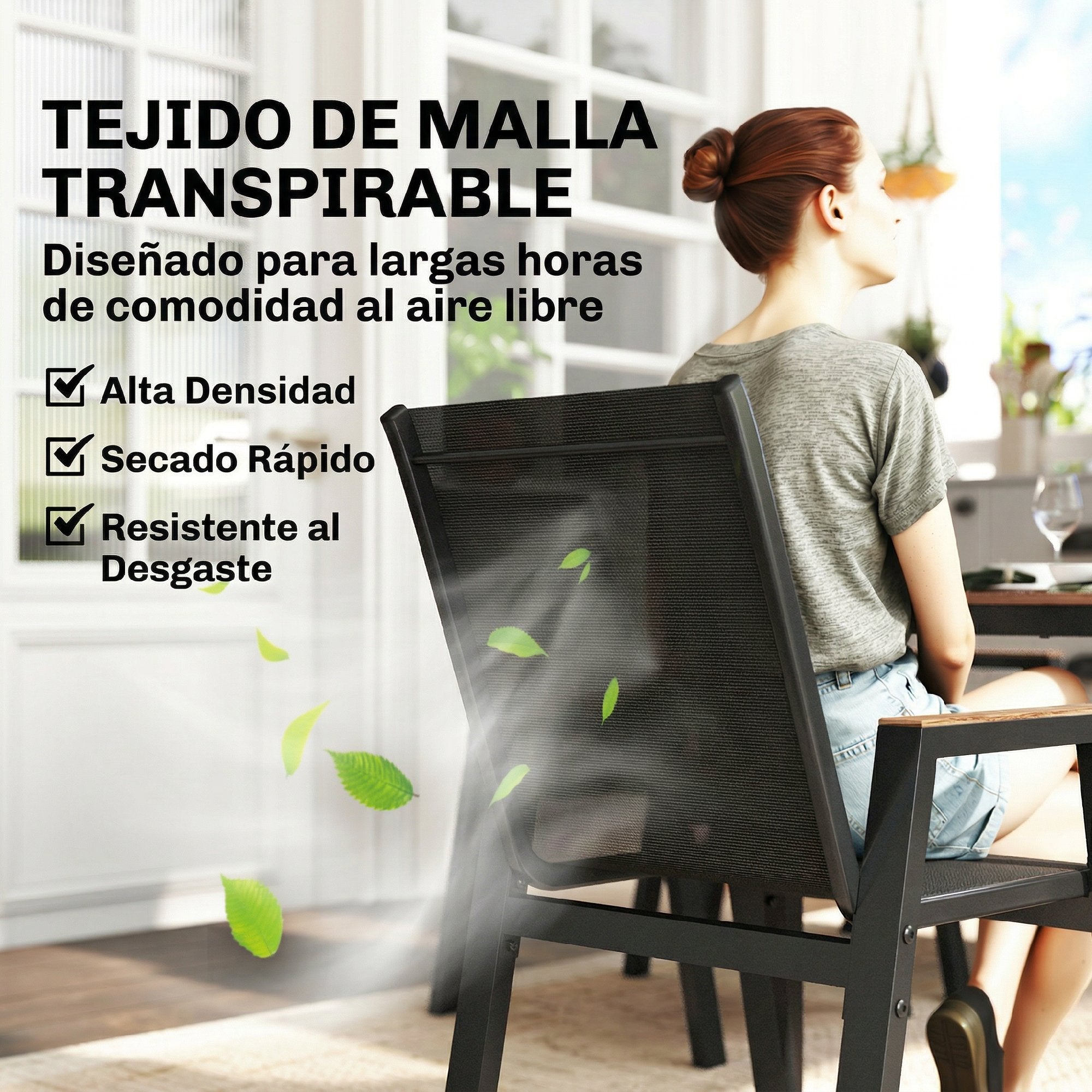 Outsunny Conjunto de Mesa y Sillas Jardín de 7 Piezas, Muebles Jardín Exterior con Mesa con Tablero de Listones Efecto Madera, 6 Sillas Transpirables, Marco de Metal Resistente a la Intemperie, Negro