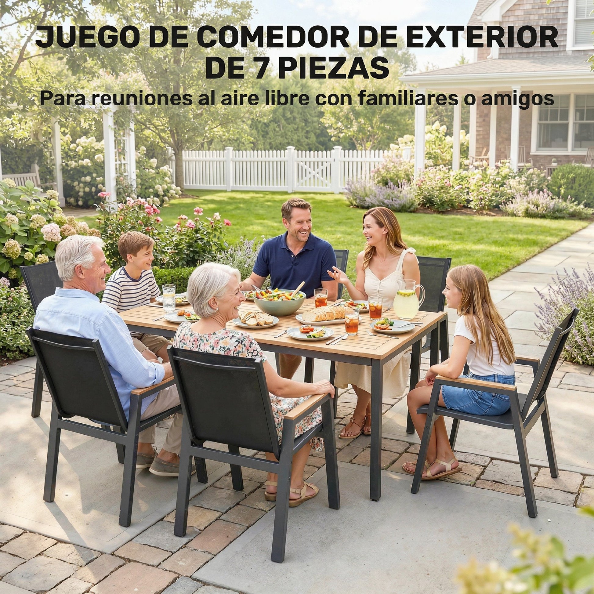 Outsunny Conjunto de Mesa y Sillas Jardín de 7 Piezas, Muebles Jardín Exterior con Mesa con Tablero de Listones Efecto Madera, 6 Sillas Transpirables, Marco de Metal Resistente a la Intemperie, Negro