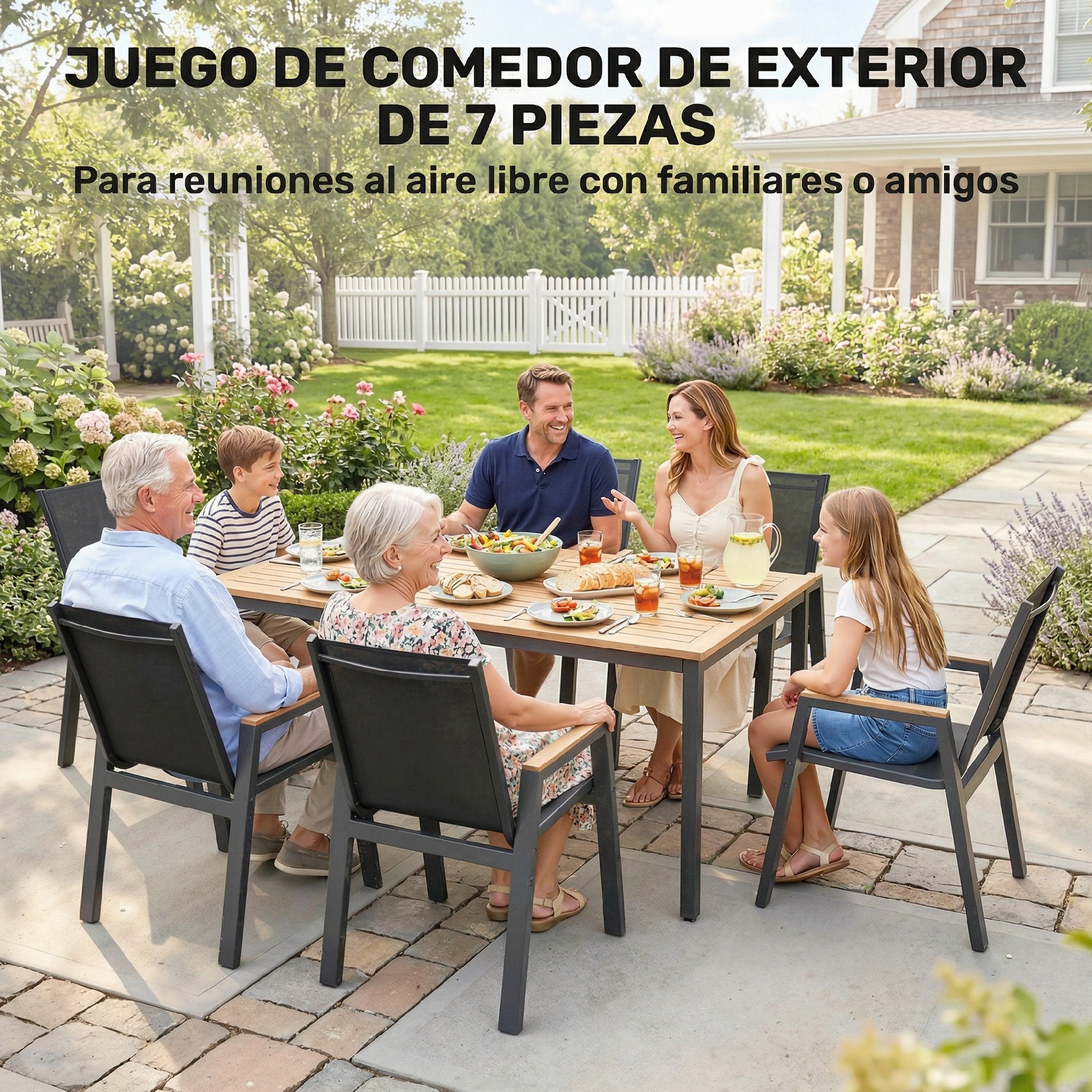 Outsunny Conjunto de Mesa y Sillas Jardín de 7 Piezas, Muebles Jardín Exterior con Mesa con Tablero de Listones Efecto Madera, 6 Sillas Transpirables, Marco de Metal Resistente a la Intemperie, Negro