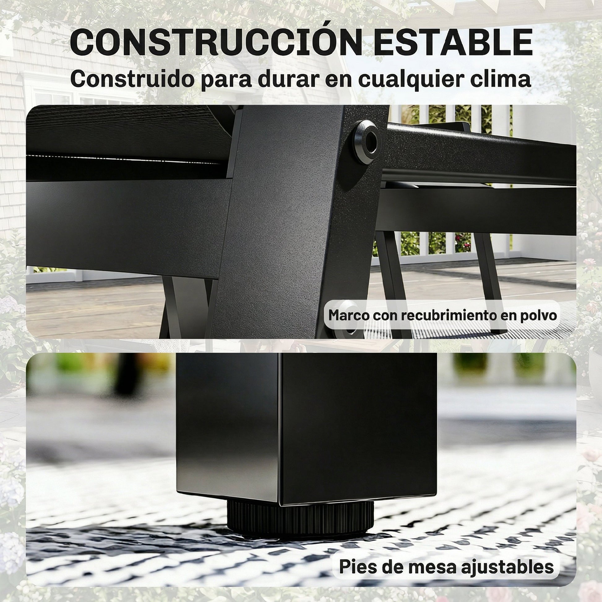 Outsunny Conjunto de Mesa y Sillas Jardín de 7 Piezas, Muebles Jardín Exterior con Mesa con Tablero de Listones Efecto Madera, 6 Sillas Transpirables, Marco de Metal Resistente a la Intemperie, Negro
