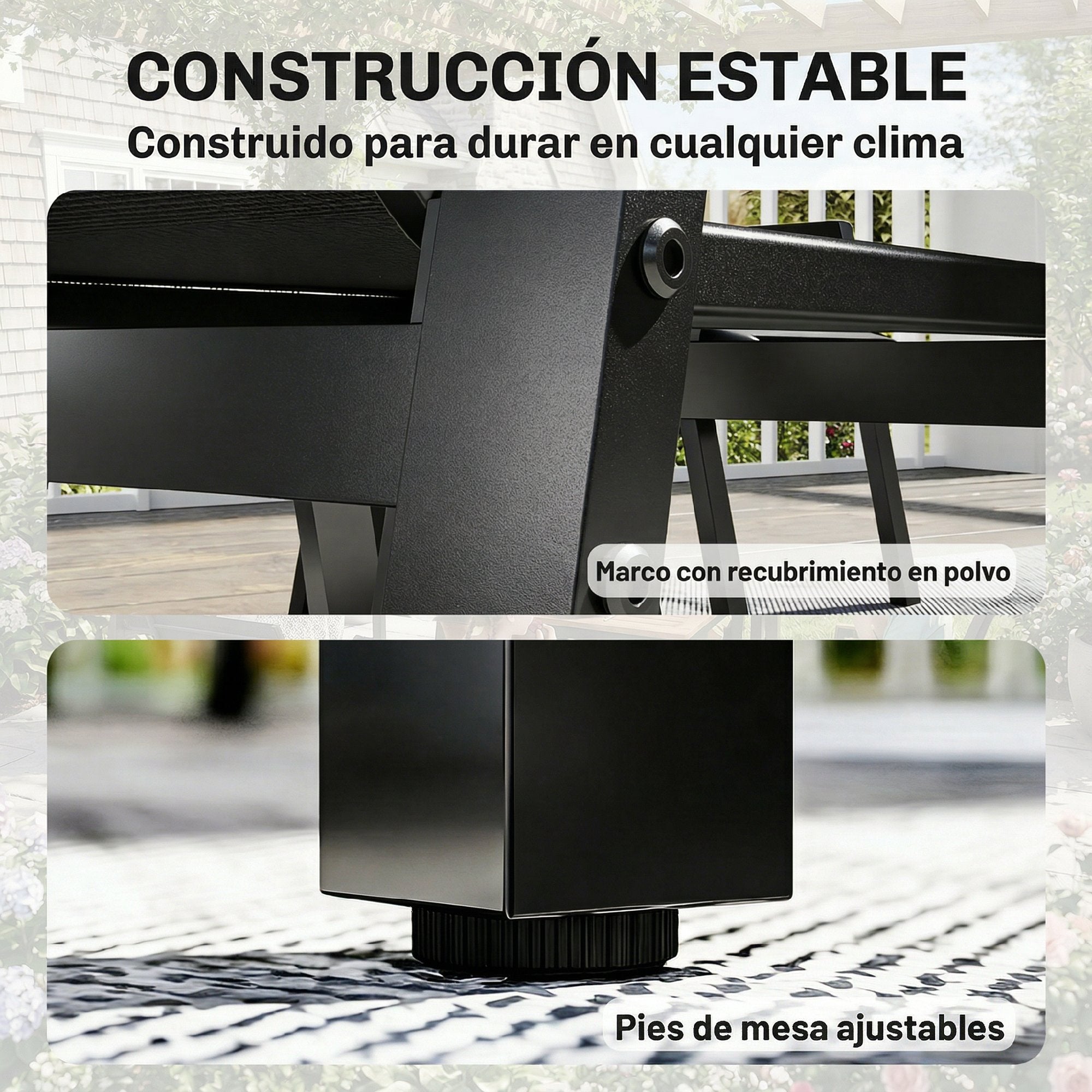 Outsunny Conjunto de Mesa y Sillas Jardín de 7 Piezas, Muebles Jardín Exterior con Mesa con Tablero de Listones Efecto Madera, 6 Sillas Transpirables, Marco de Metal Resistente a la Intemperie, Negro