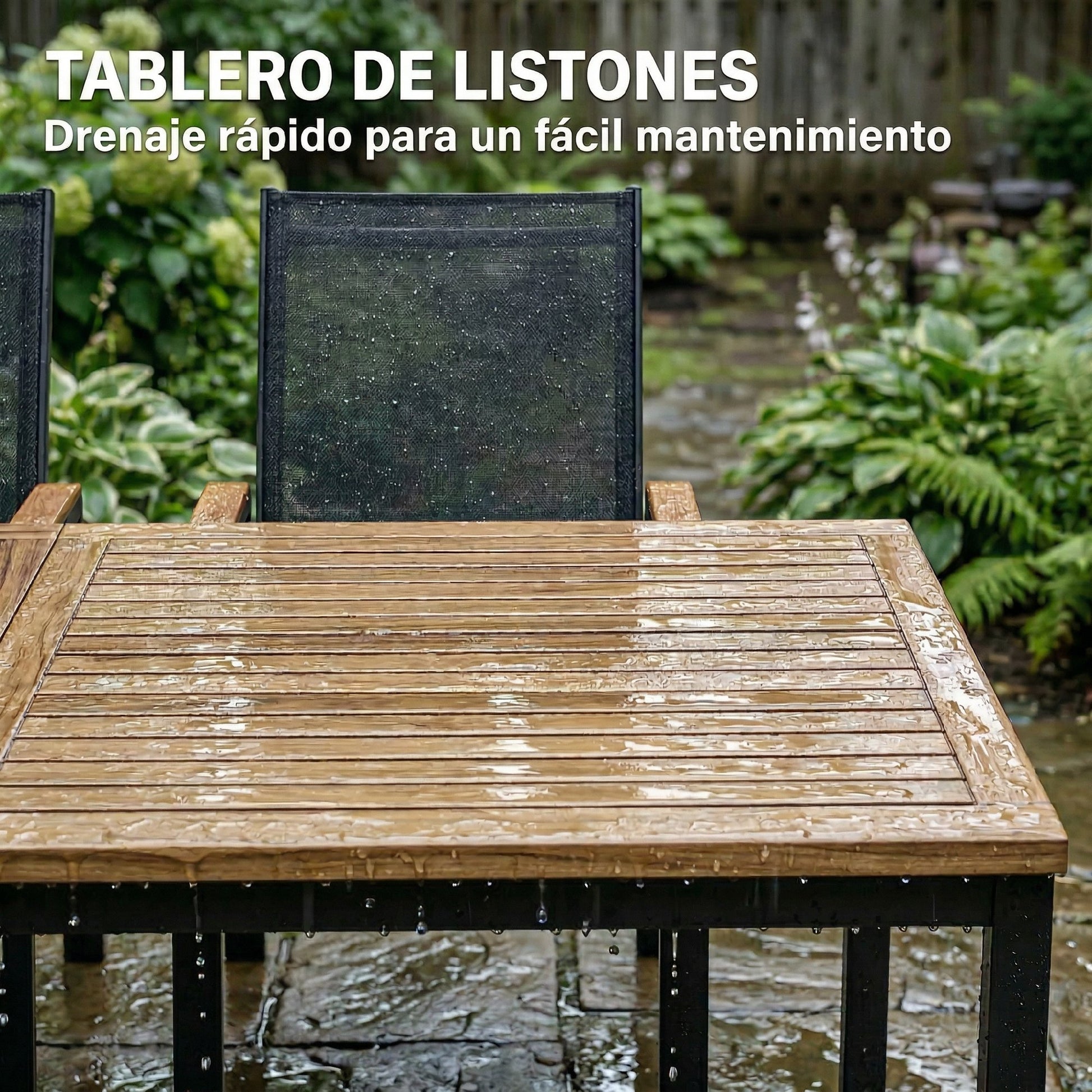 Outsunny Conjunto de Mesa y Sillas Jardín de 7 Piezas, Muebles Jardín Exterior con Mesa con Tablero de Listones Efecto Madera, 6 Sillas Transpirables, Marco de Metal Resistente a la Intemperie, Negro