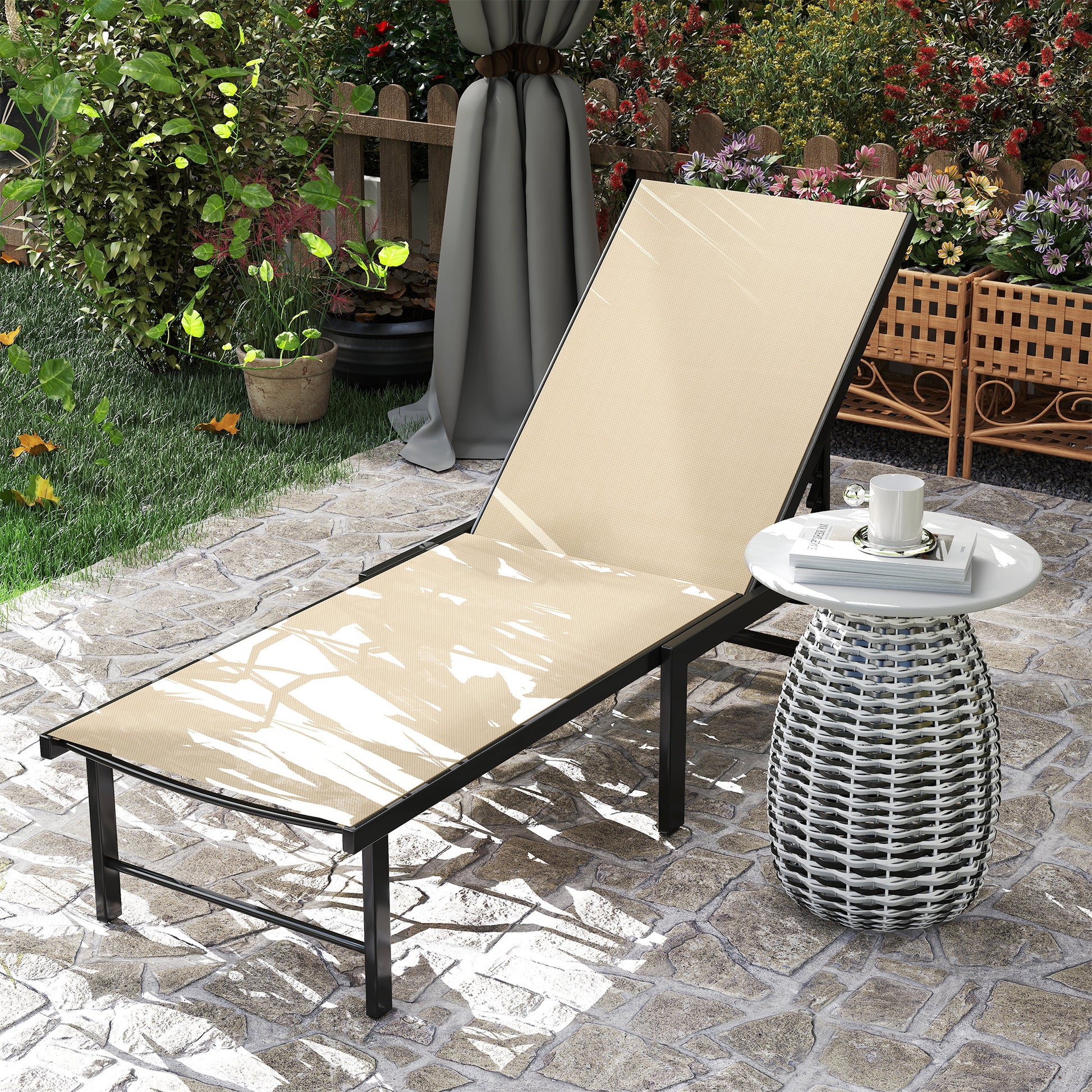 Outsunny Tumbona Jardín Exterior, Tumbona Reclinable con Respaldo Ajustable en 4 Niveles y Estructura de Acero, Impermeable, Carga 120 kg, para Patio, Terraza, Balcón, 166x60x84 cm, Caqui