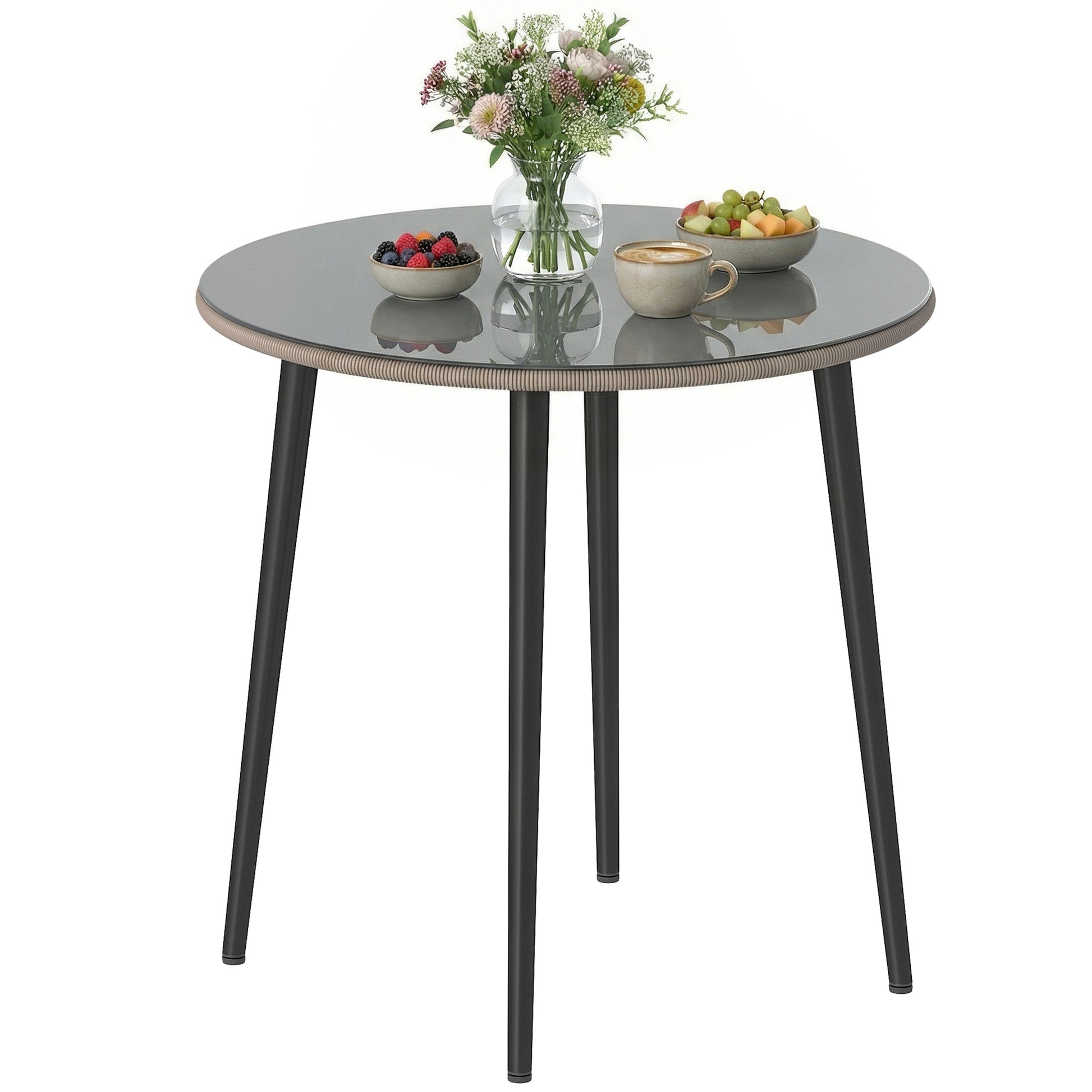 Outsunny Mesa de Comedor de Jardín Redonda, Mesa de Terraza Exterior 80x80x74 cm, con Tablero de Vidrio Templado con Borde de Ratán, Estructura de Acero, Carga 50 kg, para Patio, Balcón, Gris
