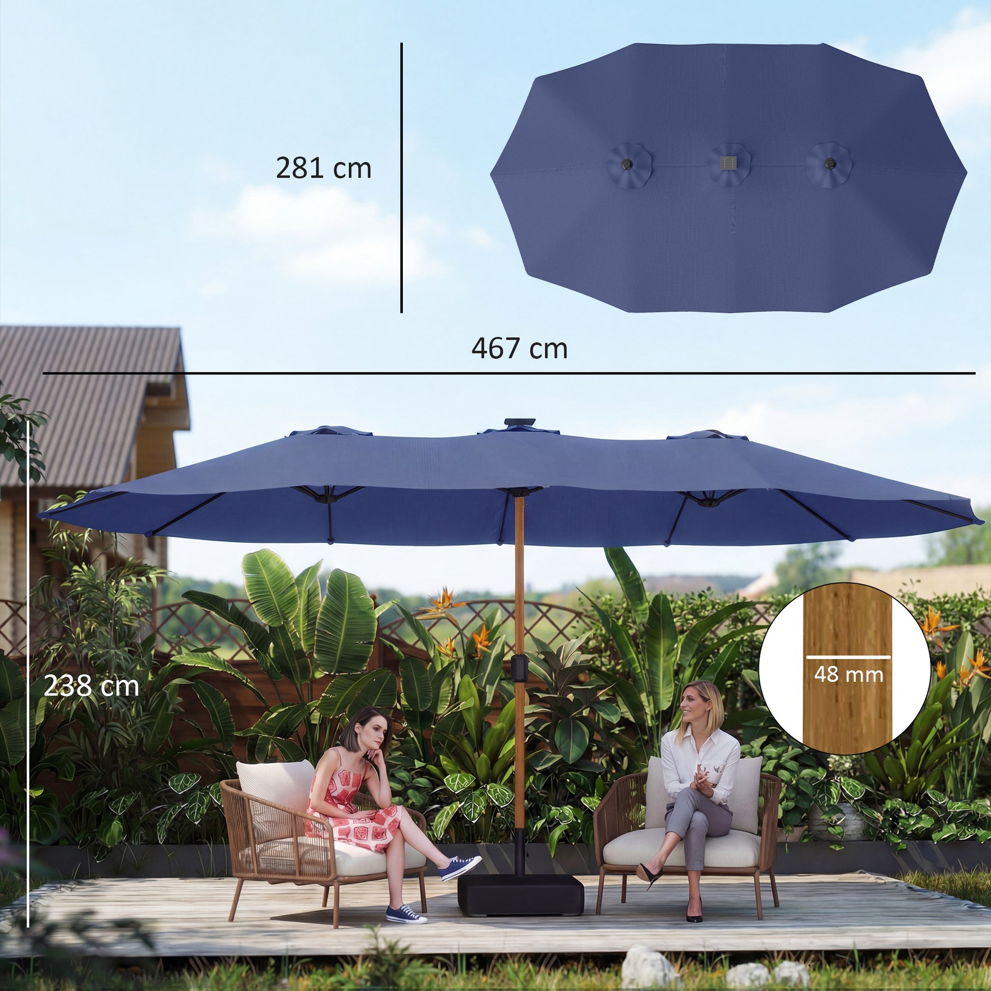 Outsunny Sombrilla Doble 4,7x2,8 m, Sombrilla Terraza Exterior con Base Incluida, Manivela Manual, Sacos de Arena y Funda, Anti-UV, Resistente al Agua, Parasol para Jardín, Terraza, Patio, Azul Oscuro