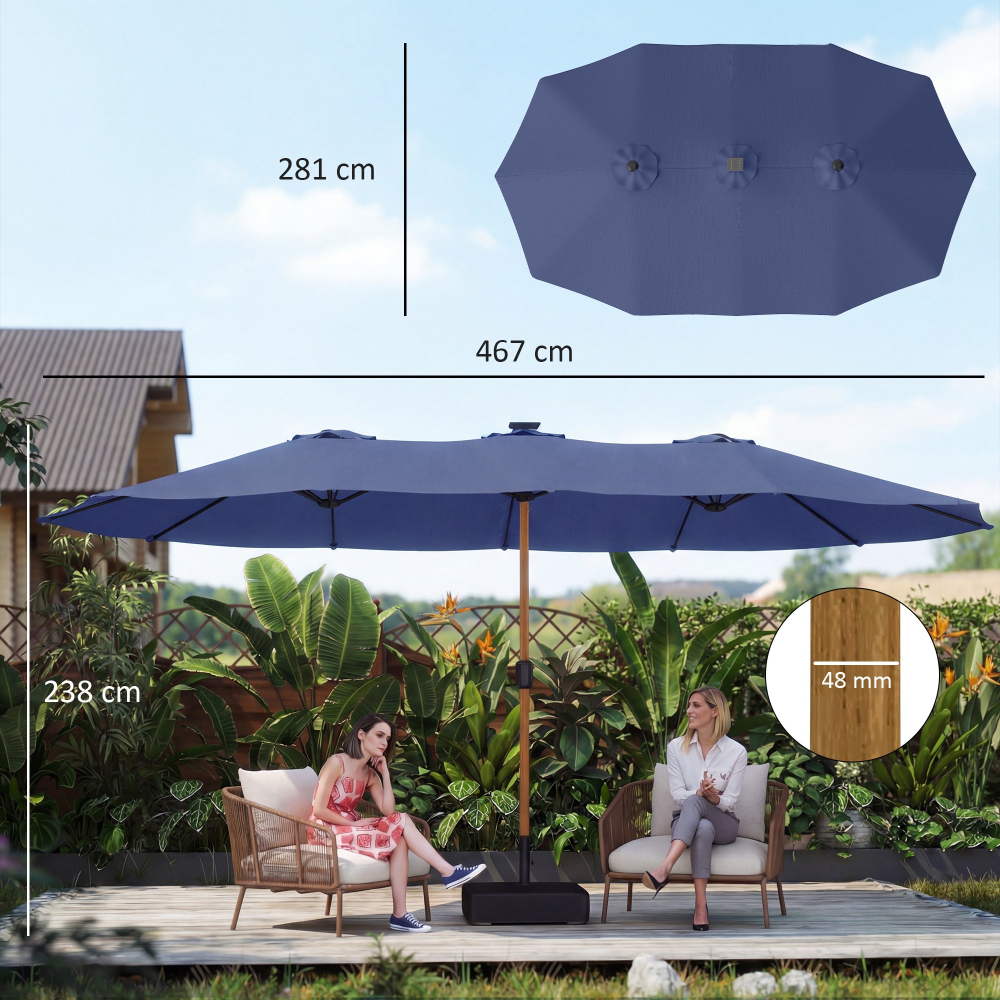 Outsunny Sombrilla Doble 4,7x2,8 m, Sombrilla Terraza Exterior con Base Incluida, Manivela Manual, Sacos de Arena y Funda, Anti-UV, Resistente al Agua, Parasol para Jardín, Terraza, Patio, Azul Oscuro