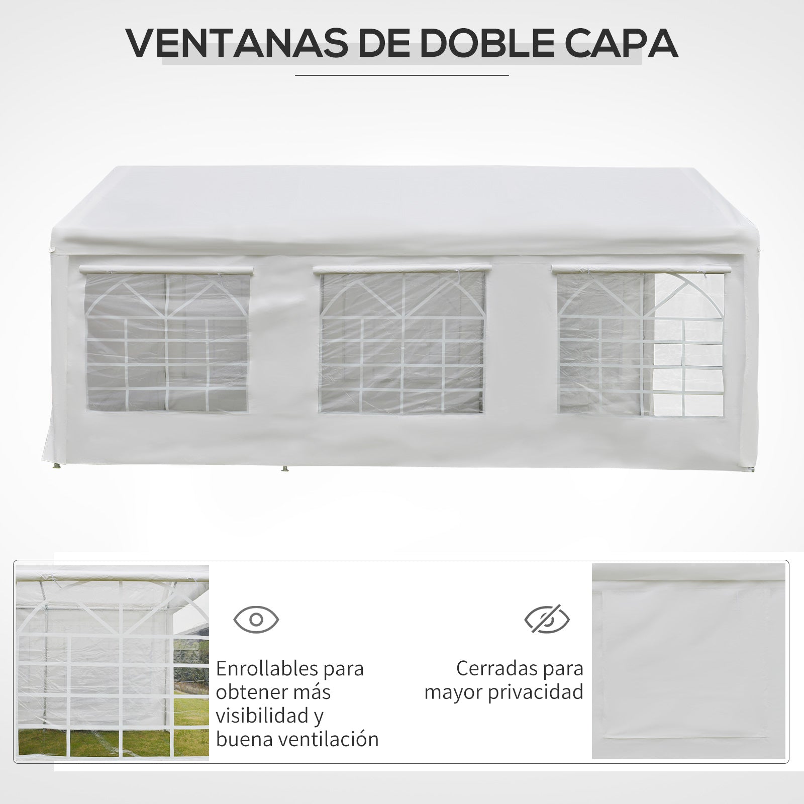 Outsunny Carpa para Fiestas 6x3 m Cenador Pabellón de Jardín con 4 Paneles Laterales 2 Puertas Enrollables y 6 Ventanas Protección UV para Exterior Eventos Bodas Blanco