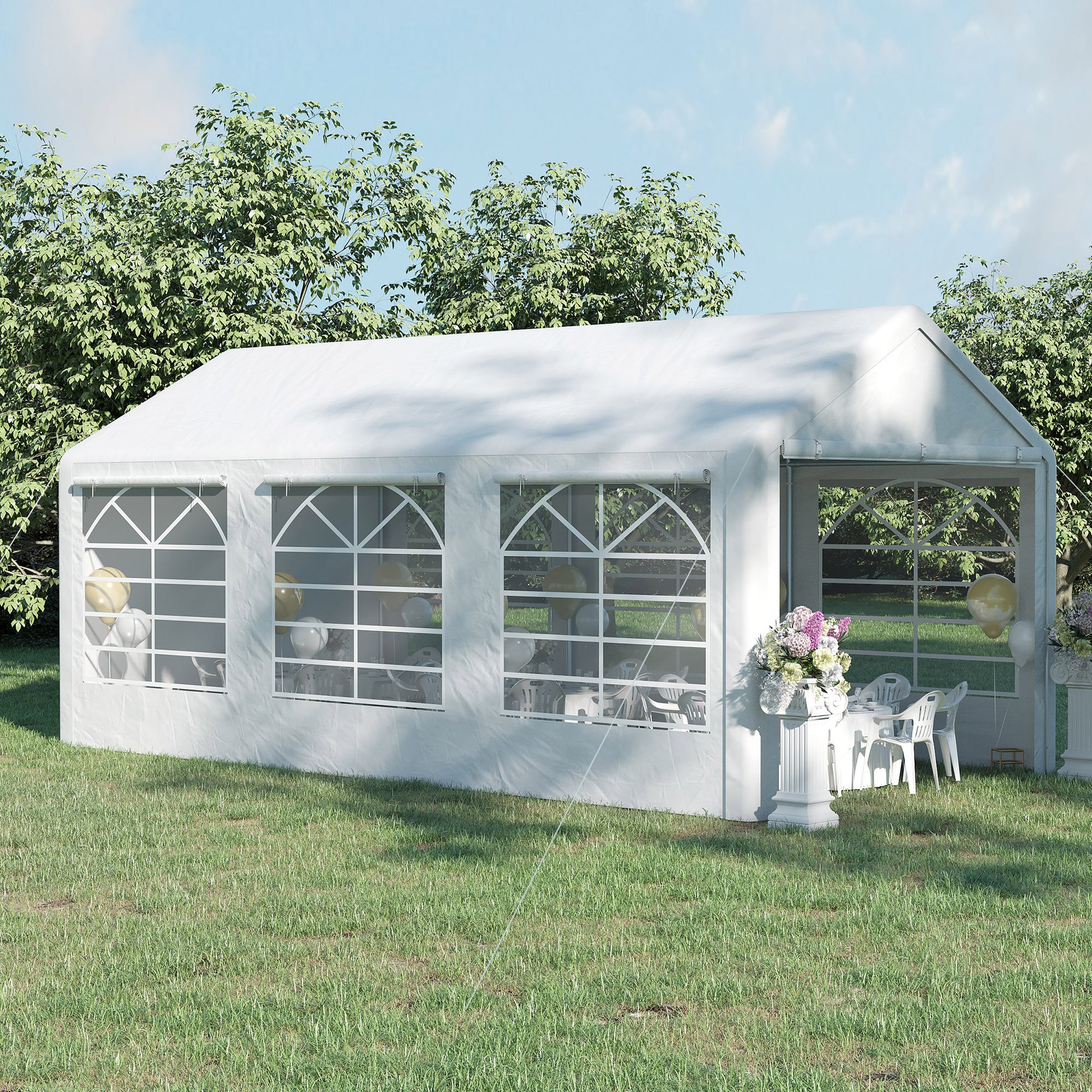 Outsunny Carpa para Fiestas 6x3 m Cenador Pabellón de Jardín con 4 Paneles Laterales 2 Puertas Enrollables y 6 Ventanas Protección UV para Exterior Eventos Bodas Blanco