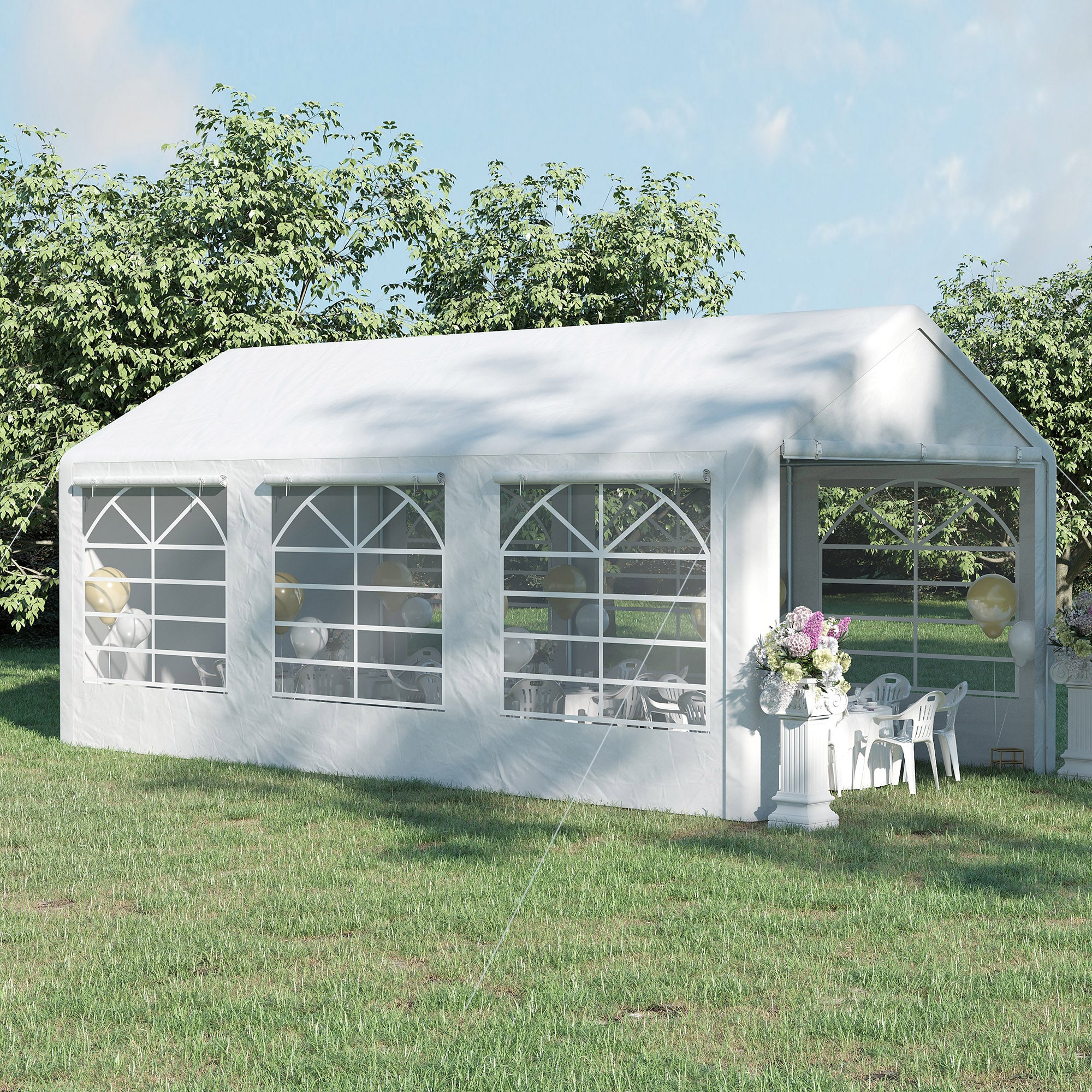 Outsunny Carpa para Fiestas 6x3 m Cenador Pabellón de Jardín con 4 Paneles Laterales 2 Puertas Enrollables y 6 Ventanas Protección UV para Exterior Eventos Bodas Blanco