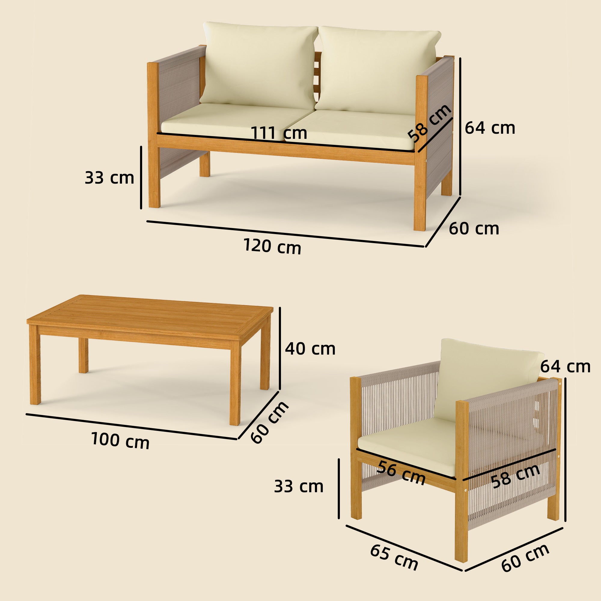 Outsunny Conjunto de Jardín Exterior de 4 Piezas, Muebles Jardín Exterior con Sofá de 2 Plazas, 2 Sillones, Mesa de Madera de Acacia, Cojines Acolchados y Decoración de Cuerda PP, para Terraza, Beige