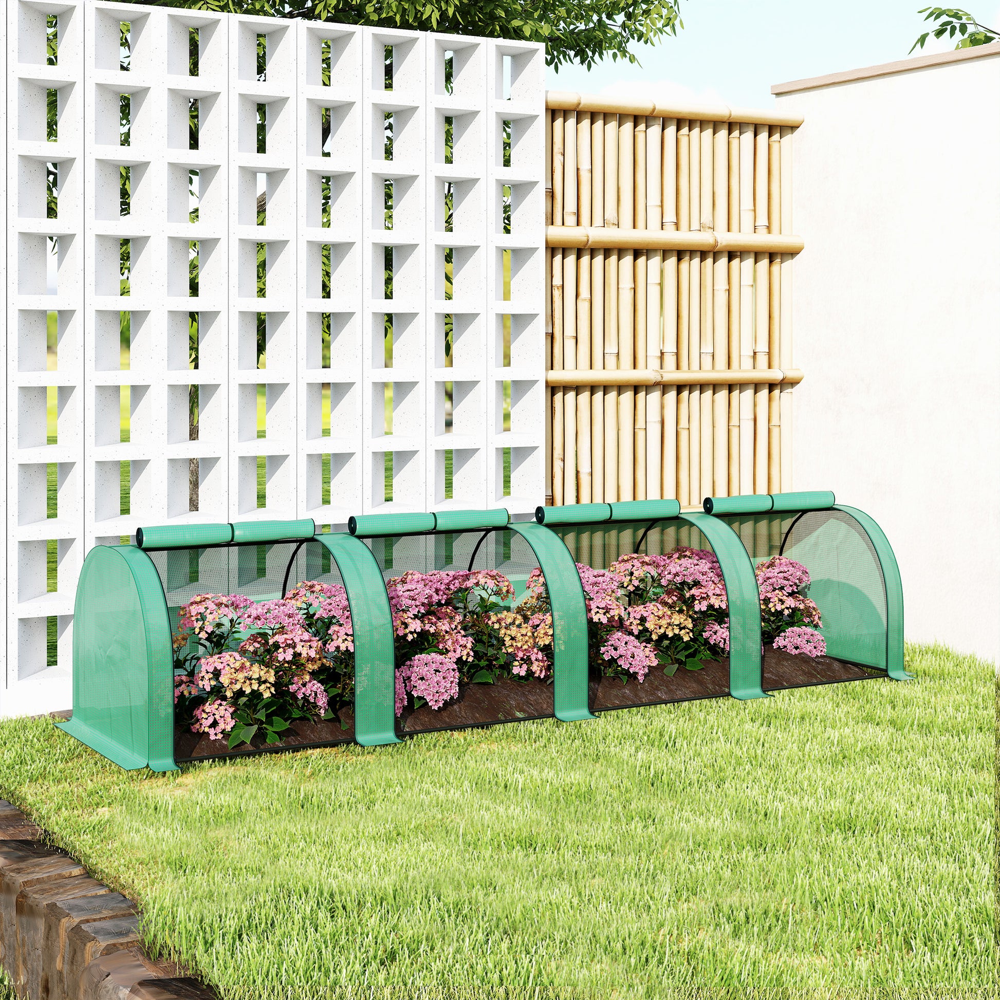 Outsunny Invernadero de Exterior 395x100x80 cm Invernadero de Jardín con 4 Puertas Enrollables y Marco de Acero para Cultivos Plantas Flores Verde
