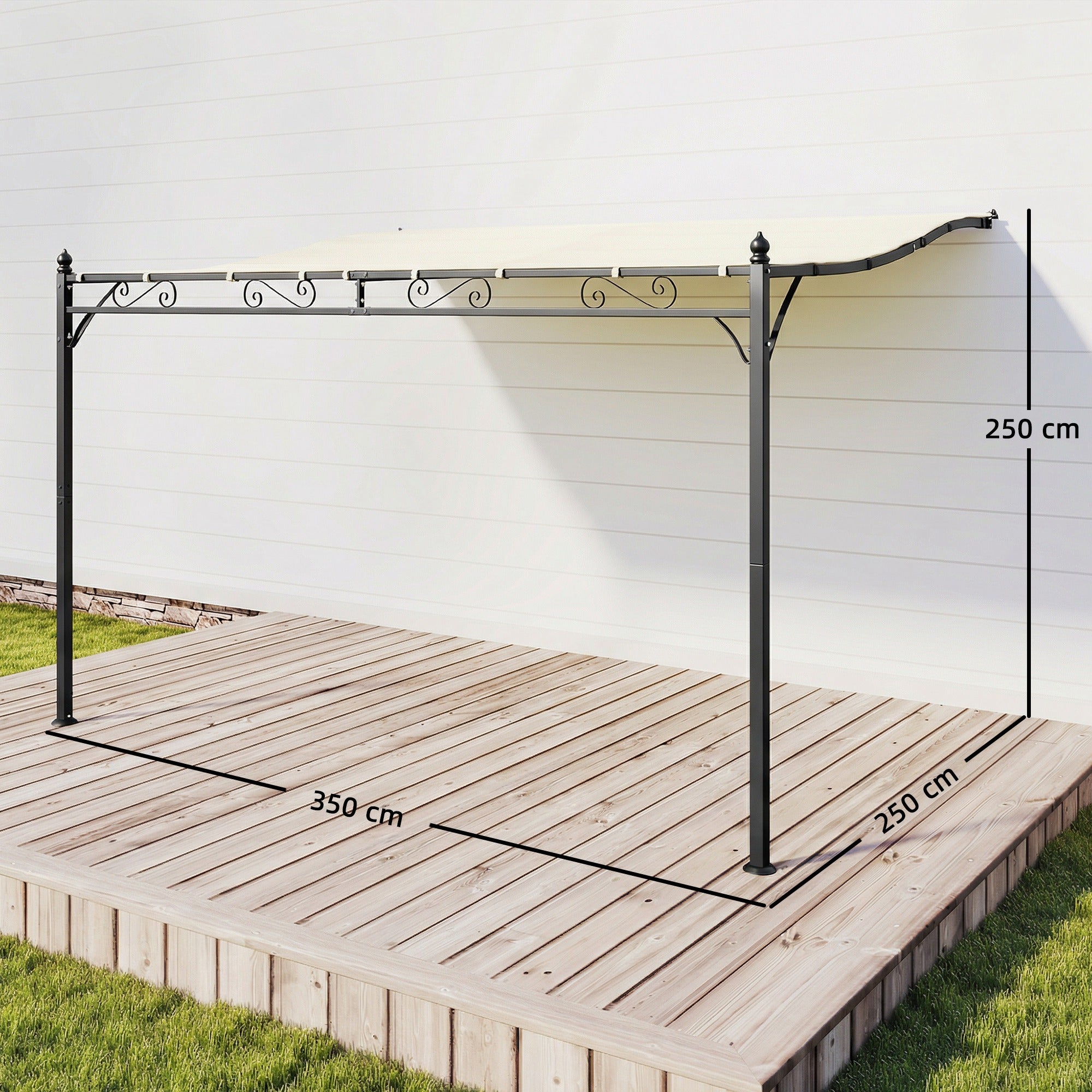 Outsunny Pérgola de Pared de Jardín 2,5x3,5 m, Cenador de Jardín con Techo Inclinado, Orificios de Drenaje y Estructura Metálica Resistente, UPF30, Gazebo para Patio, Terraza, Balcón, Blanco Crema