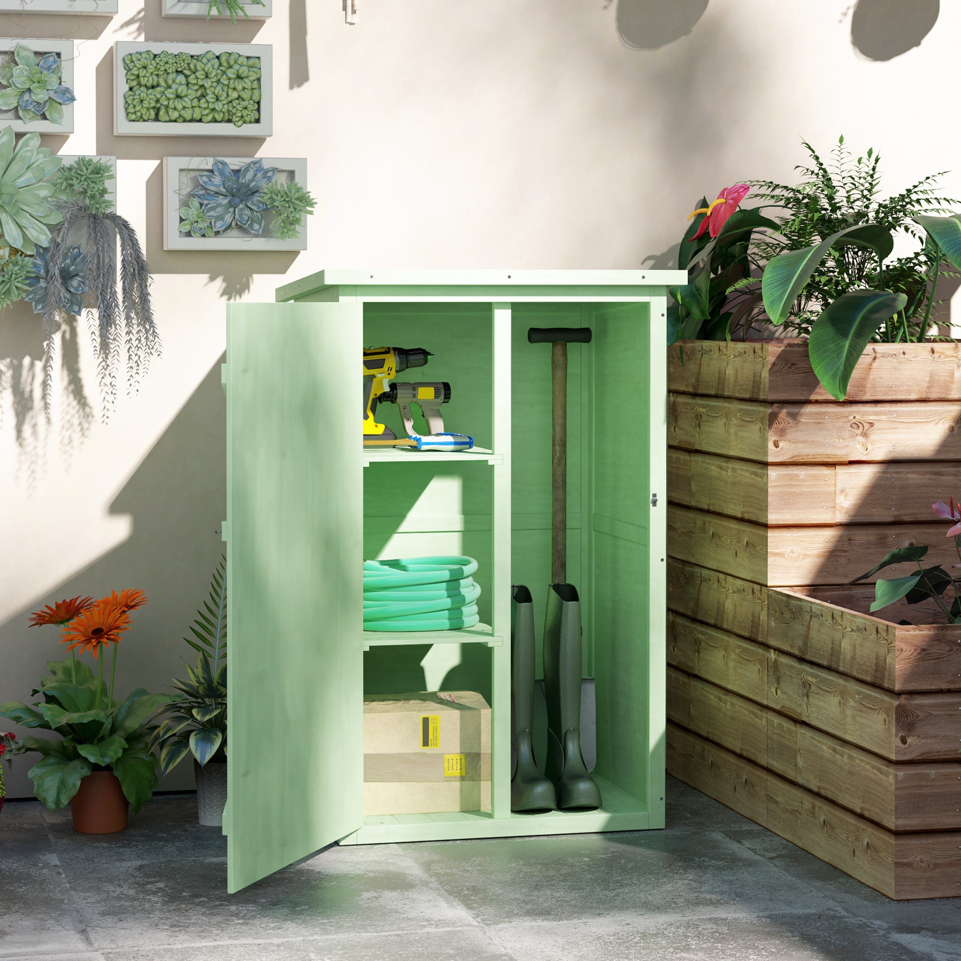 Outsunny Caseta de Jardín de Madera 75x56x115 cm Armario Cobertizo de Exterior para Herramientas con 3 Estantes Interiores Puerta con Pestillo y Techo Asfáltico Verde