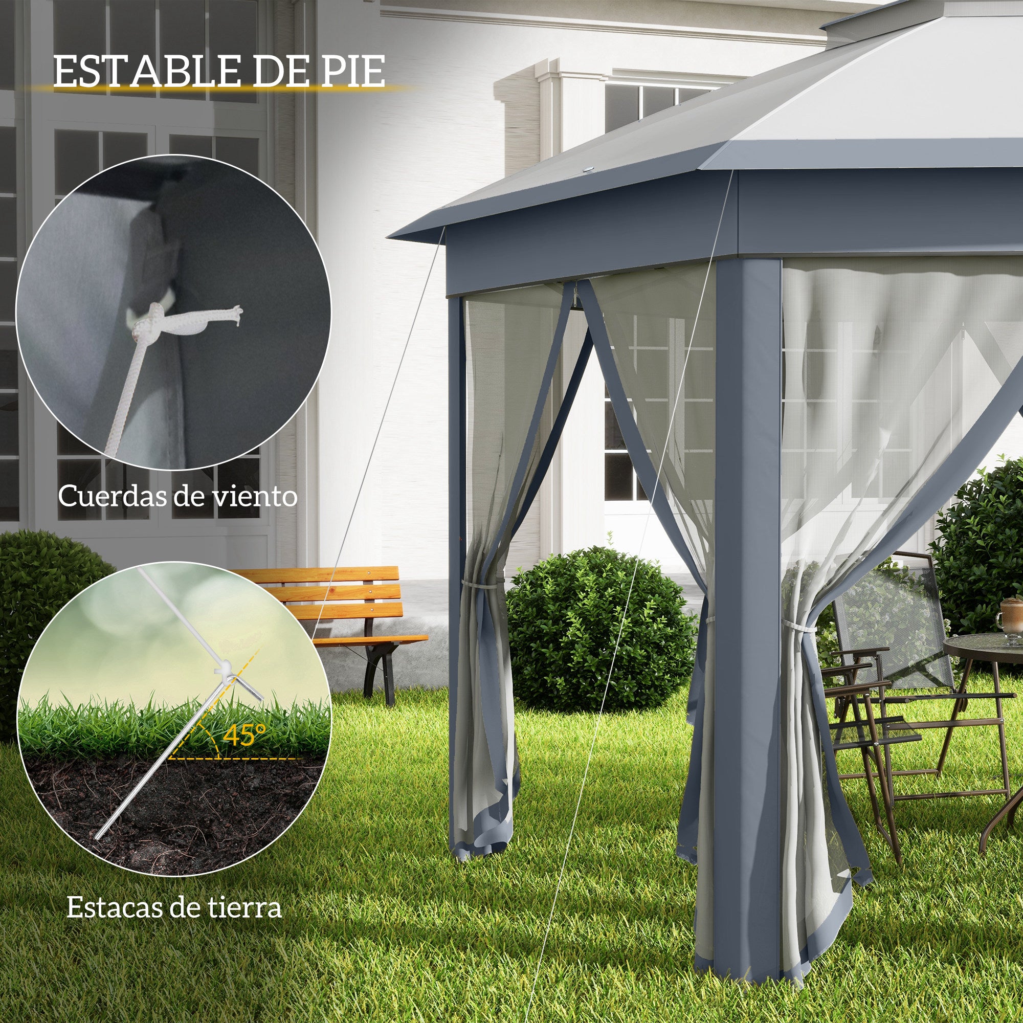Outsunny Carpa Plegable 4x3,4 m, Cenador de Jardín Hexagonal con Doble Techo, 6 Mosquiteras Extraíbles y Bolsa de Transporte, Impermeable, Anti-UV para Exterior, Fiestas, Gris