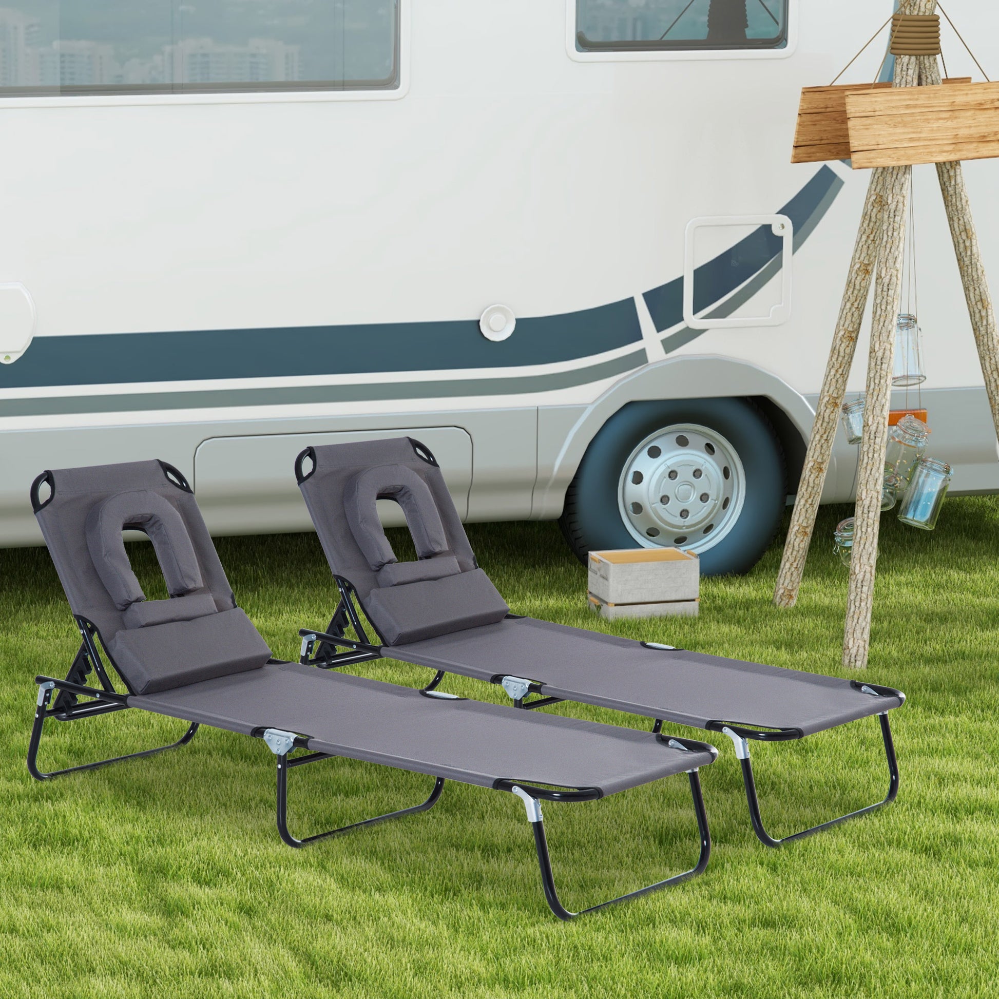 Outsunny Juego de 2 Tumbonas Plegables Tumbonas de Jardín con Respaldo Ajustable en 4 Posiciones Orificio de Lectura y Almohada para Camping Playa Terraza 190x56x28 cm Gris