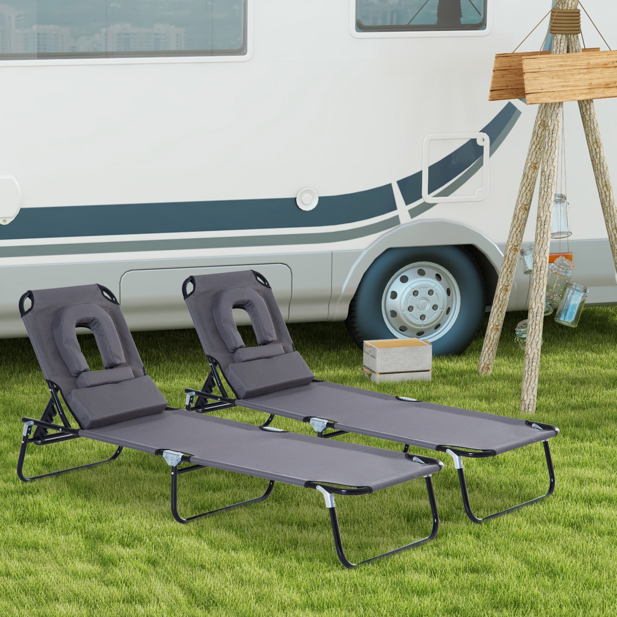 Outsunny Juego de 2 Tumbonas Plegables Tumbonas de Jardín con Respaldo Ajustable en 4 Posiciones Orificio de Lectura y Almohada para Camping Playa Terraza 190x56x28 cm Gris