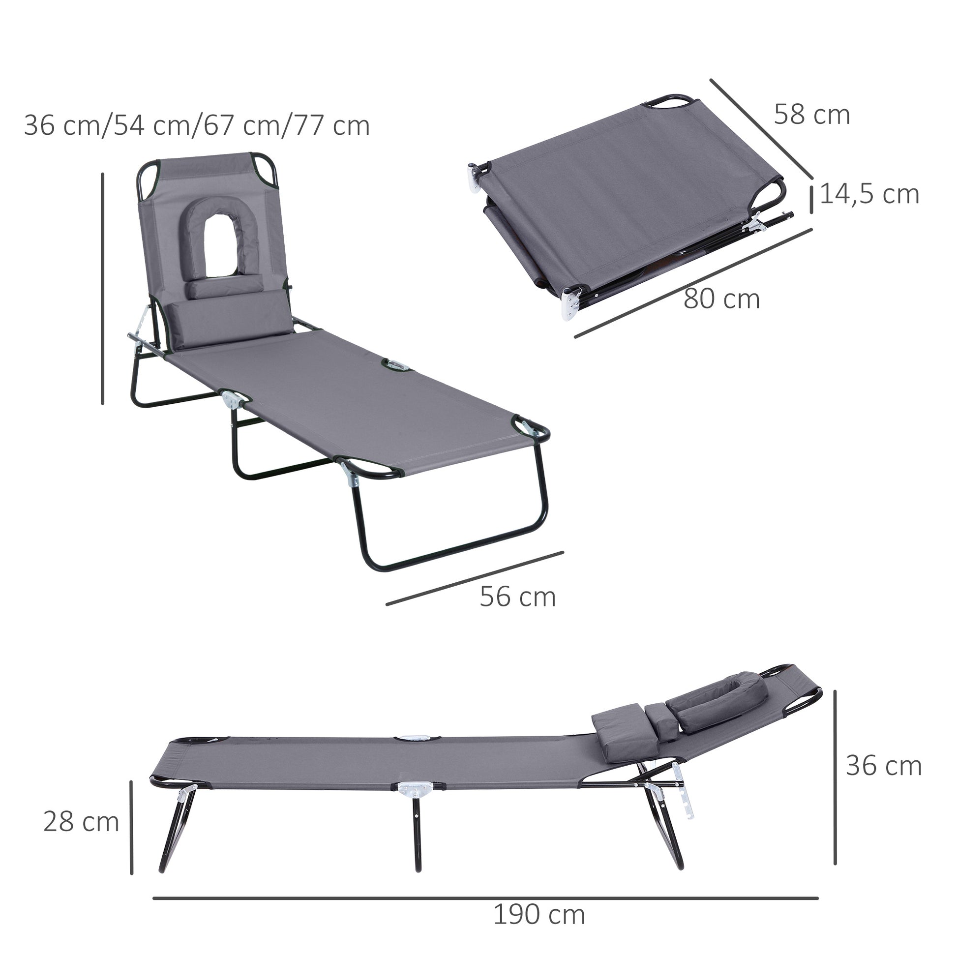 Outsunny Juego de 2 Tumbonas Plegables Tumbonas de Jardín con Respaldo Ajustable en 4 Posiciones Orificio de Lectura y Almohada para Camping Playa Terraza 190x56x28 cm Gris