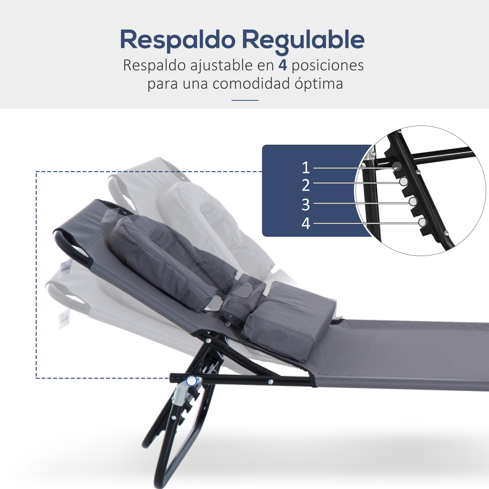 Outsunny Juego de 2 Tumbonas Plegables Tumbonas de Jardín con Respaldo Ajustable en 4 Posiciones Orificio de Lectura y Almohada para Camping Playa Terraza 190x56x28 cm Gris